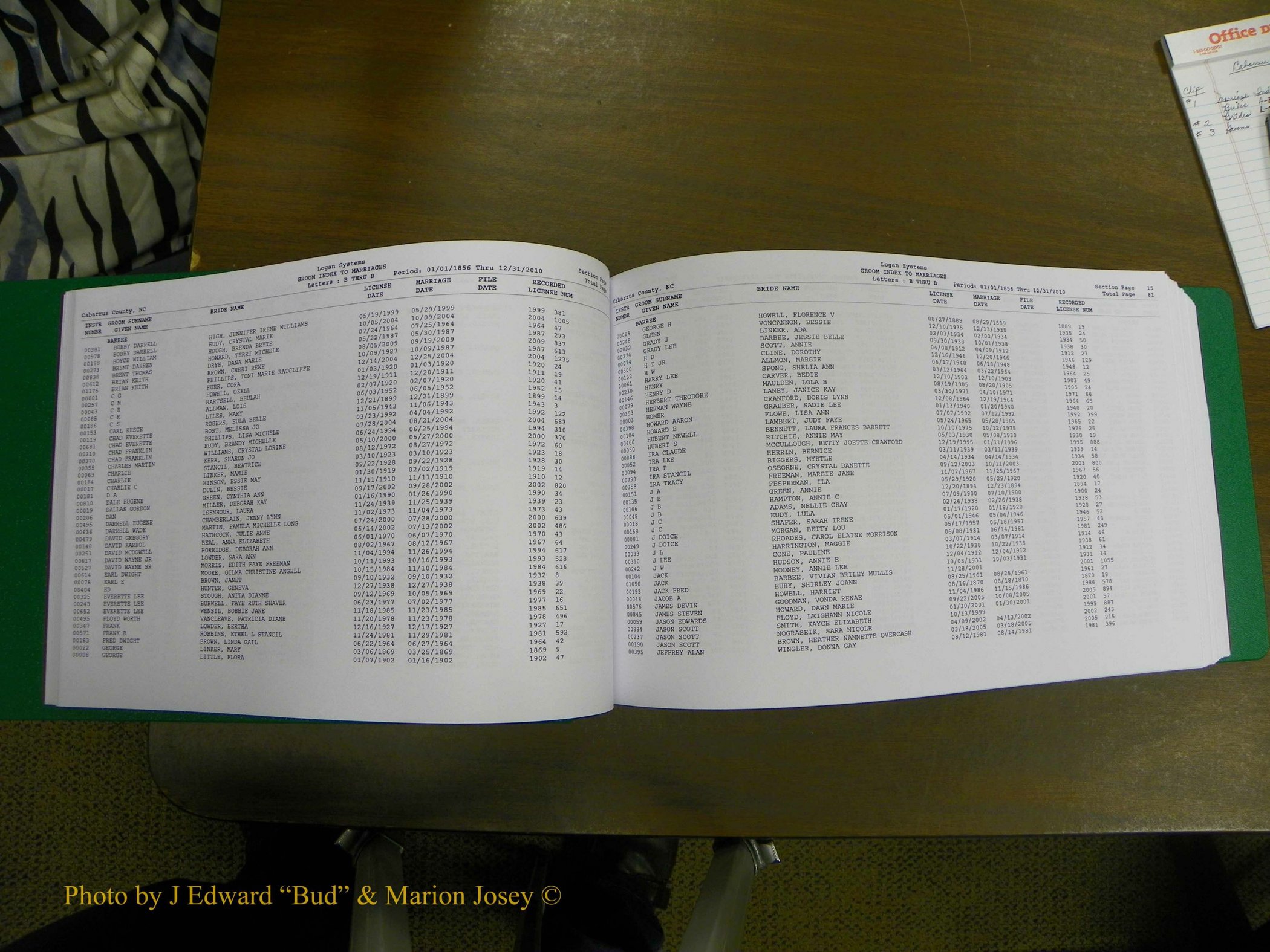 Cabarrus Marriage, Male Index, A-K, 1856-2010 042.JPG