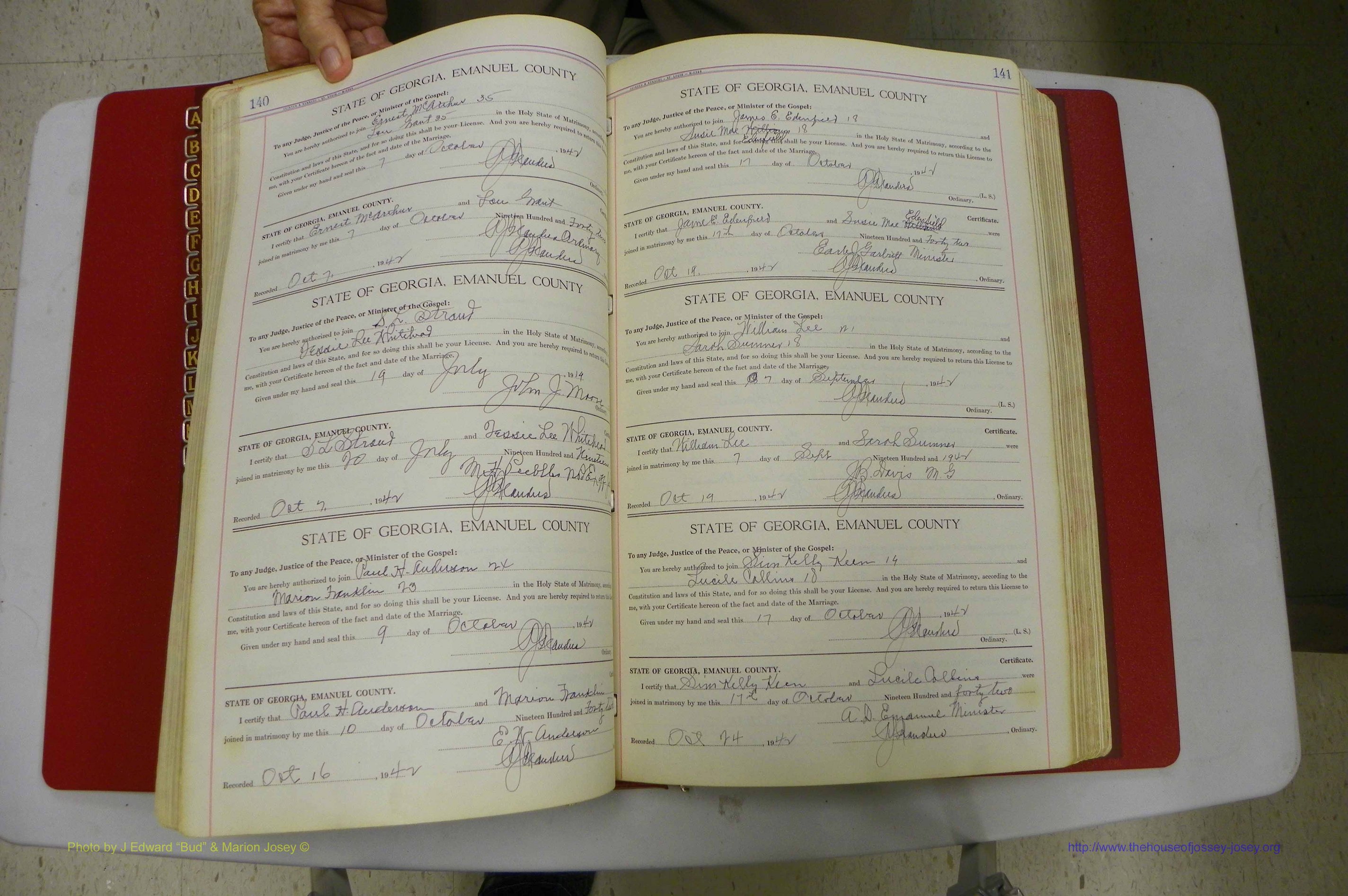 Emanuel Co, Ga, Marriages Book I, 1940 - 1949, White, P 140-141.JPG