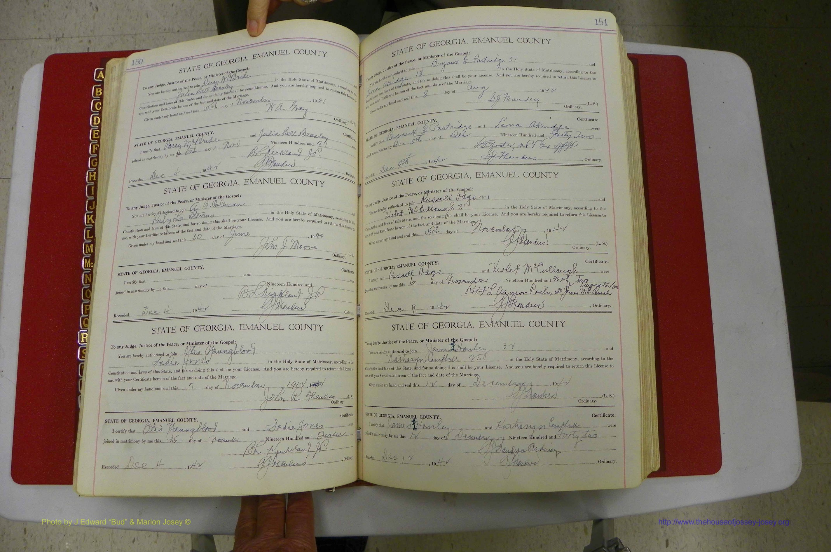 Emanuel Co, Ga, Marriages Book I, 1940 - 1949, White, P 150-151.JPG
