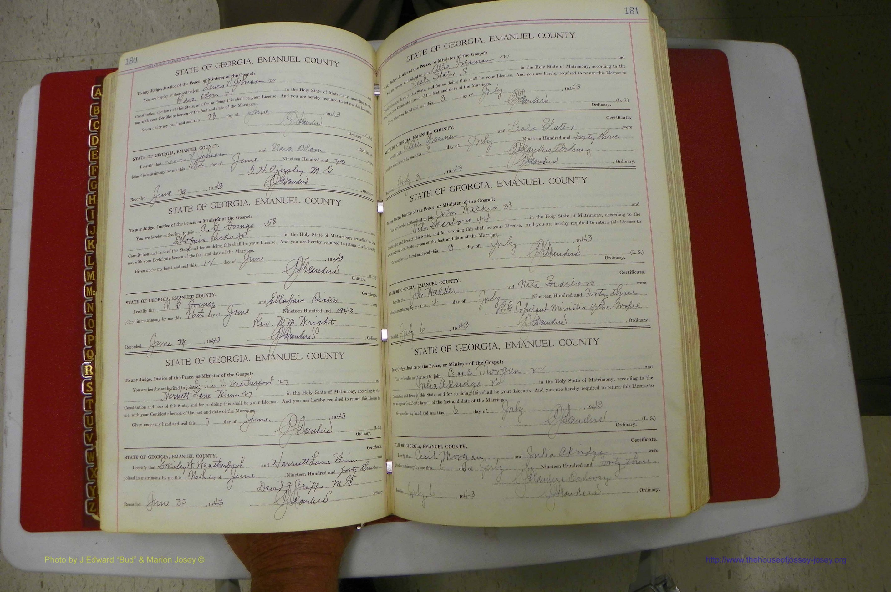 Emanuel Co, Ga, Marriages Book I, 1940 - 1949, White, P 180-181.JPG
