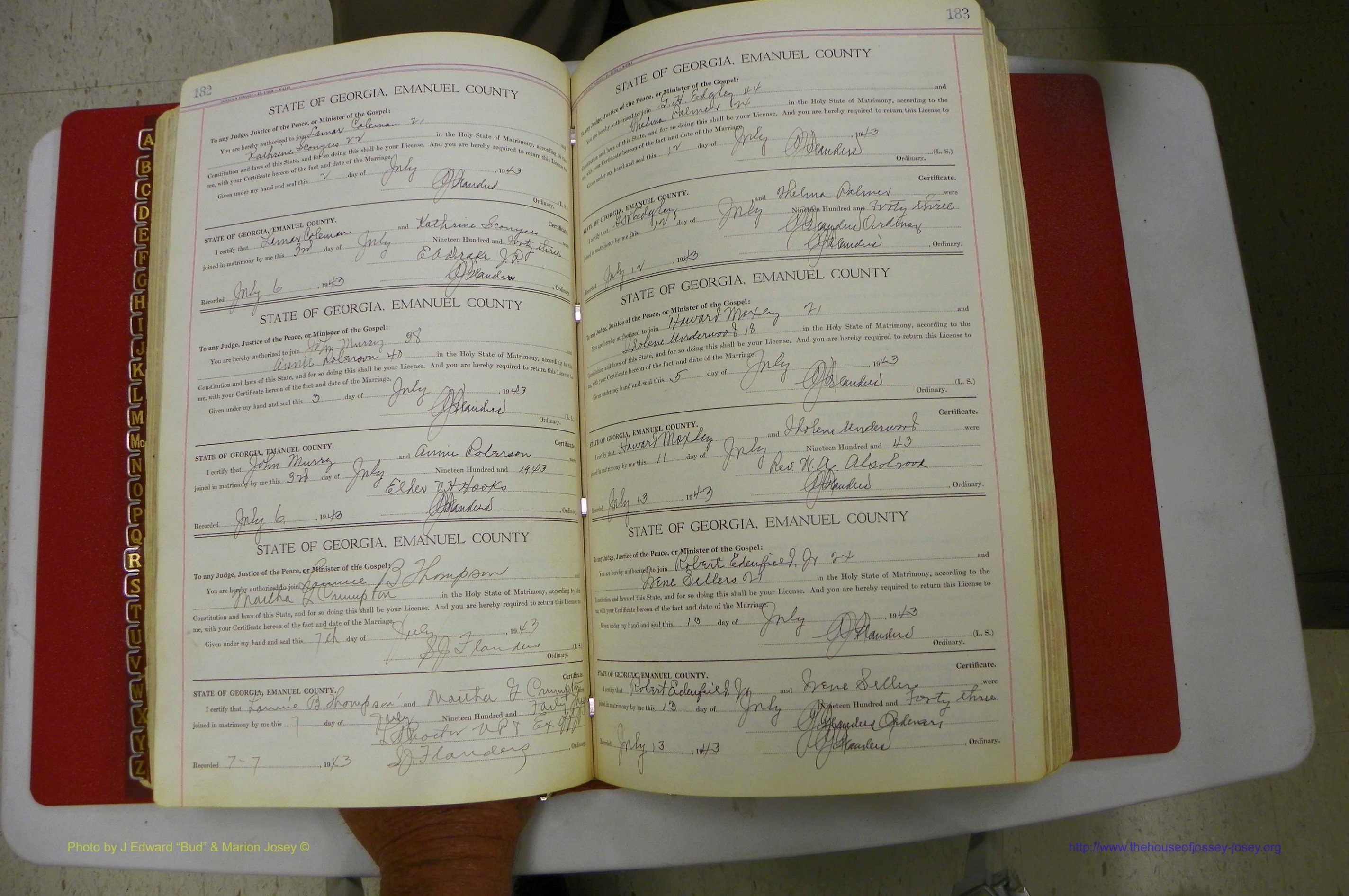 Emanuel Co, Ga, Marriages Book I, 1940 - 1949, White, P 182-183.JPG