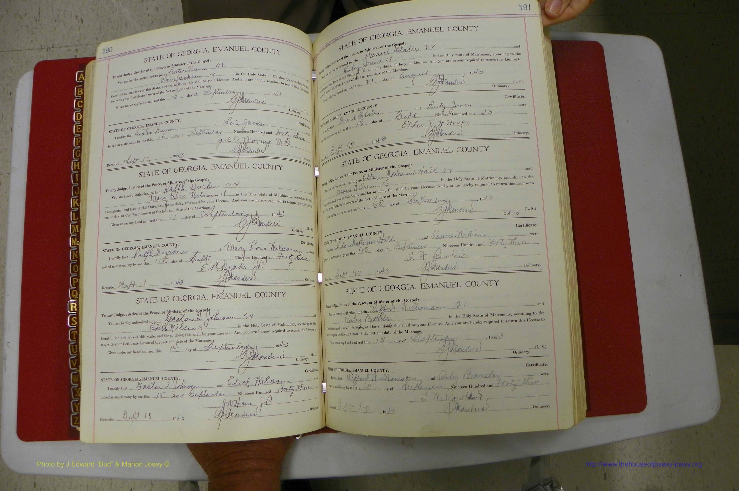Emanuel Co, Ga, Marriages Book I, 1940 - 1949, White, P 190-191.JPG