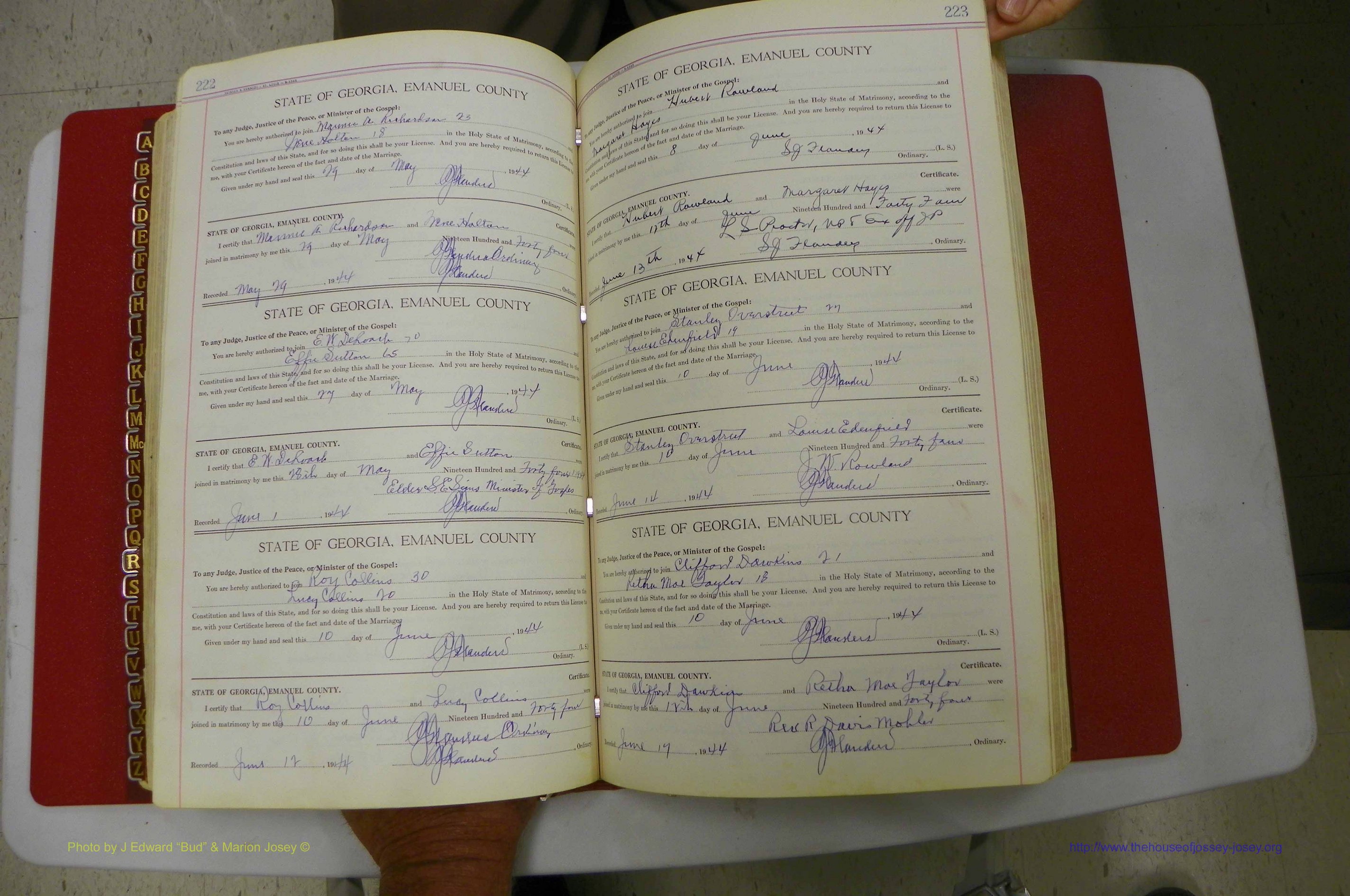 Emanuel Co, Ga, Marriages Book I, 1940 - 1949, White, P 222-223.JPG
