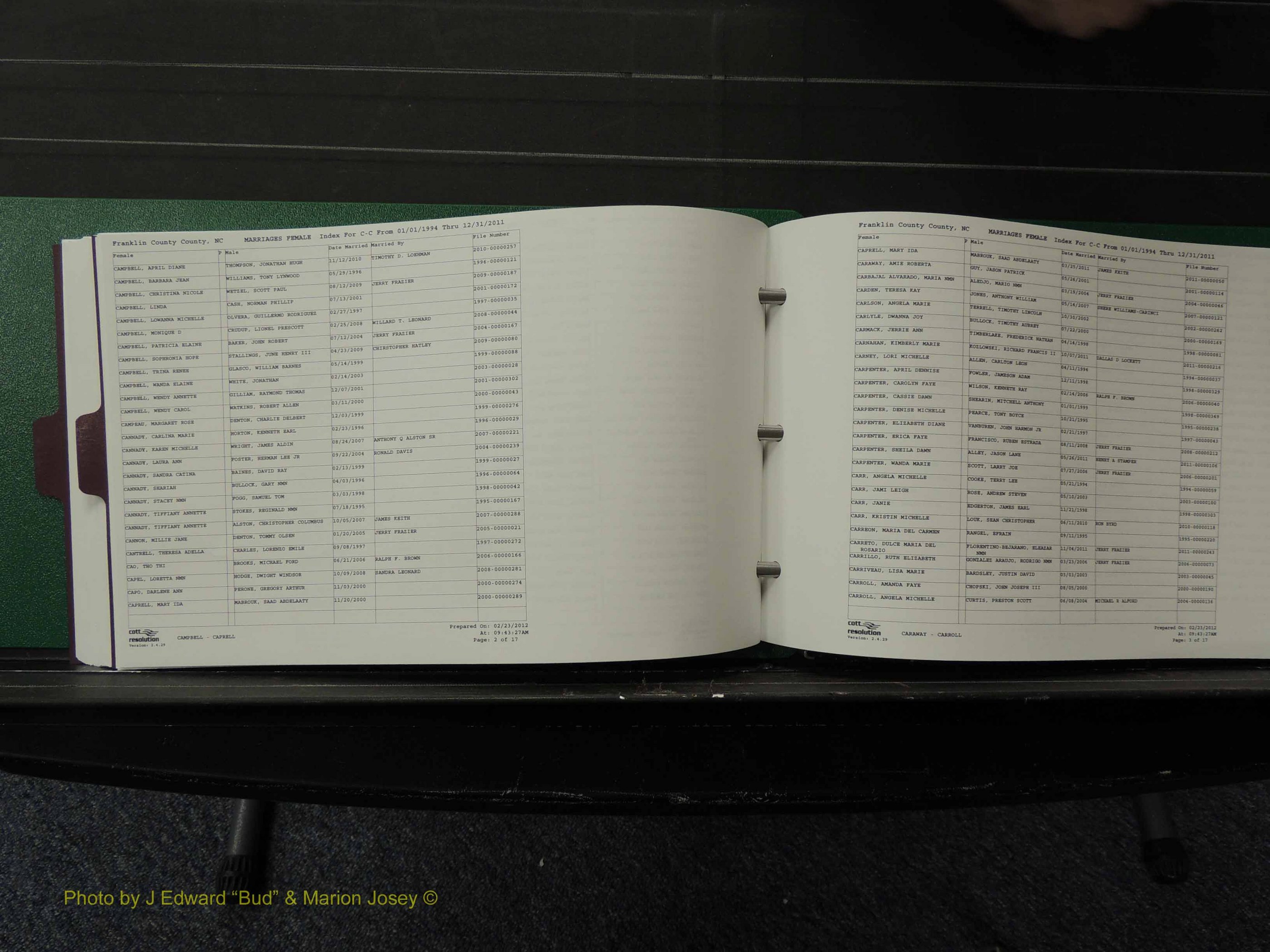 Franklin Co, NC, Marriages, Female Index, A-Z, 1994-2011 (119).JPG