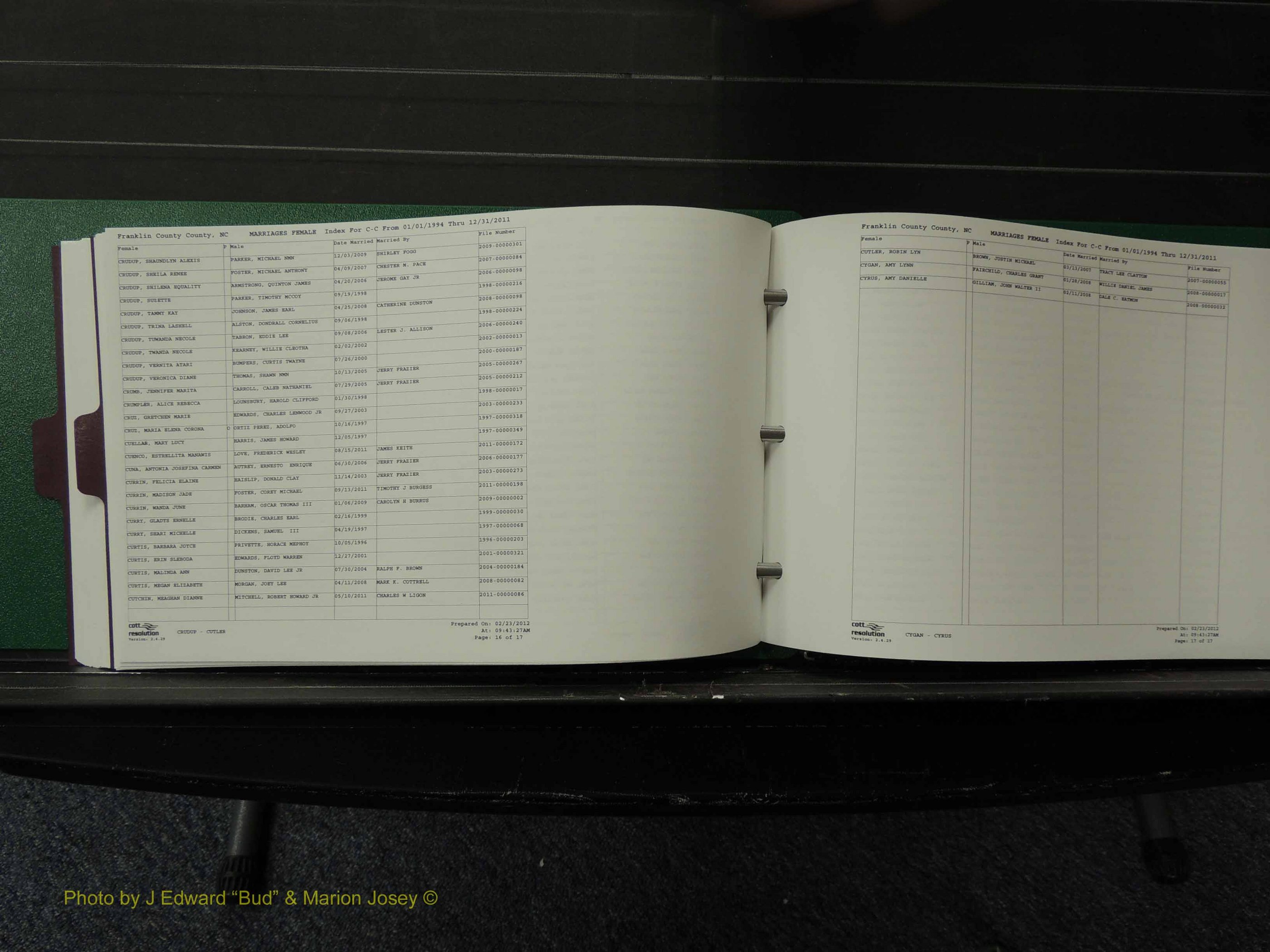 Franklin Co, NC, Marriages, Female Index, A-Z, 1994-2011 (126).JPG