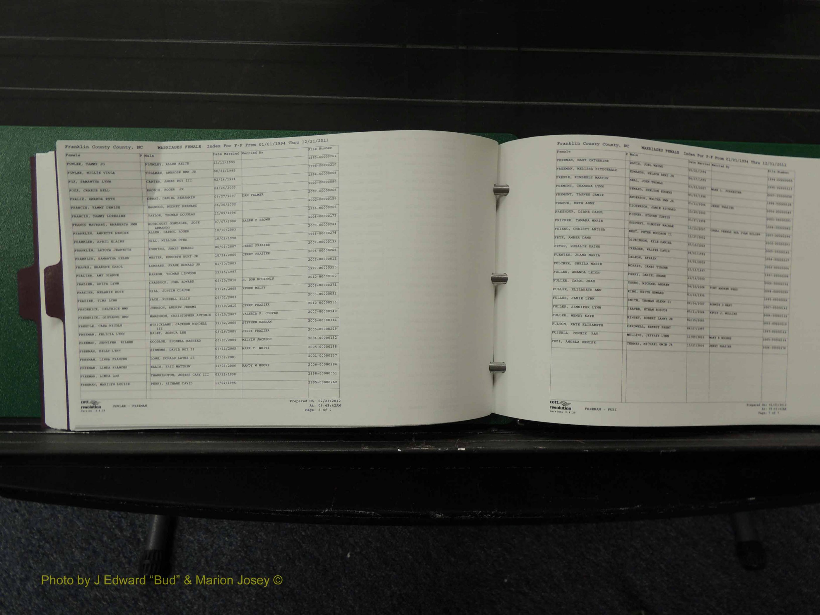 Franklin Co, NC, Marriages, Female Index, A-Z, 1994-2011 (139).JPG