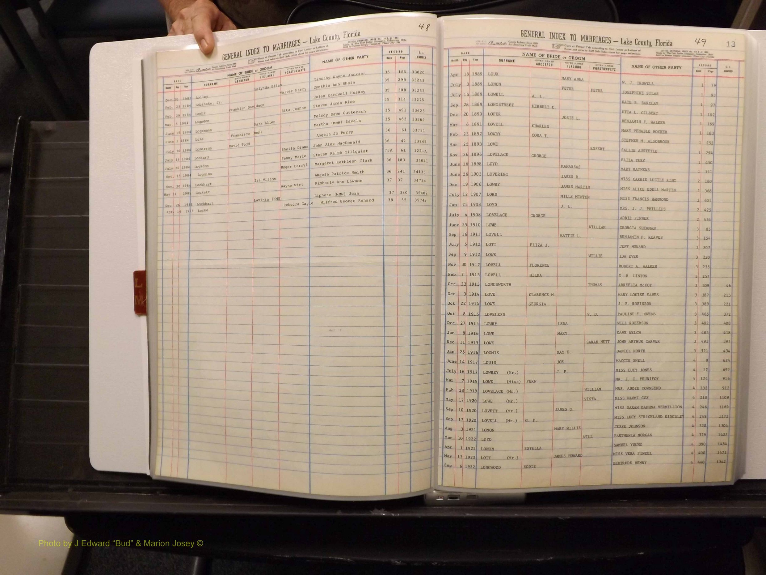 Lake Co, FL Marriage Index L-M, 1889-1986 (127).JPG