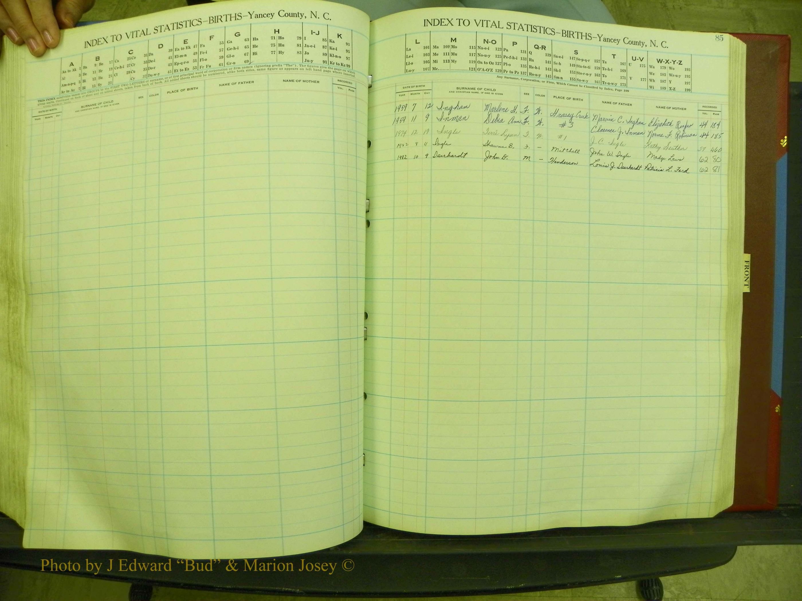 Yancey Births, 1940-1994, Index I, 85.JPG