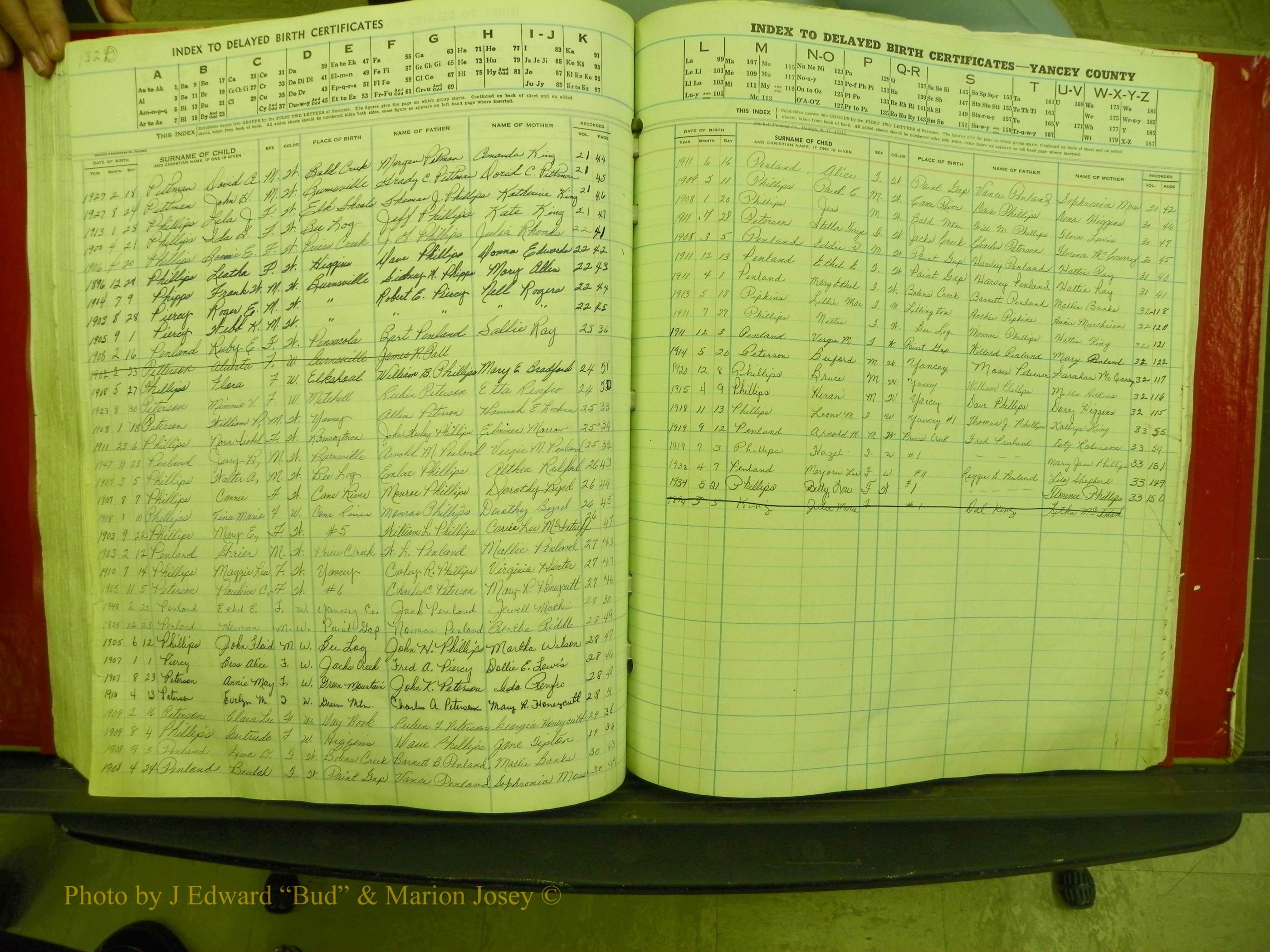 Yancey Co, NC  Delayed Births,  Index P, 119.JPG