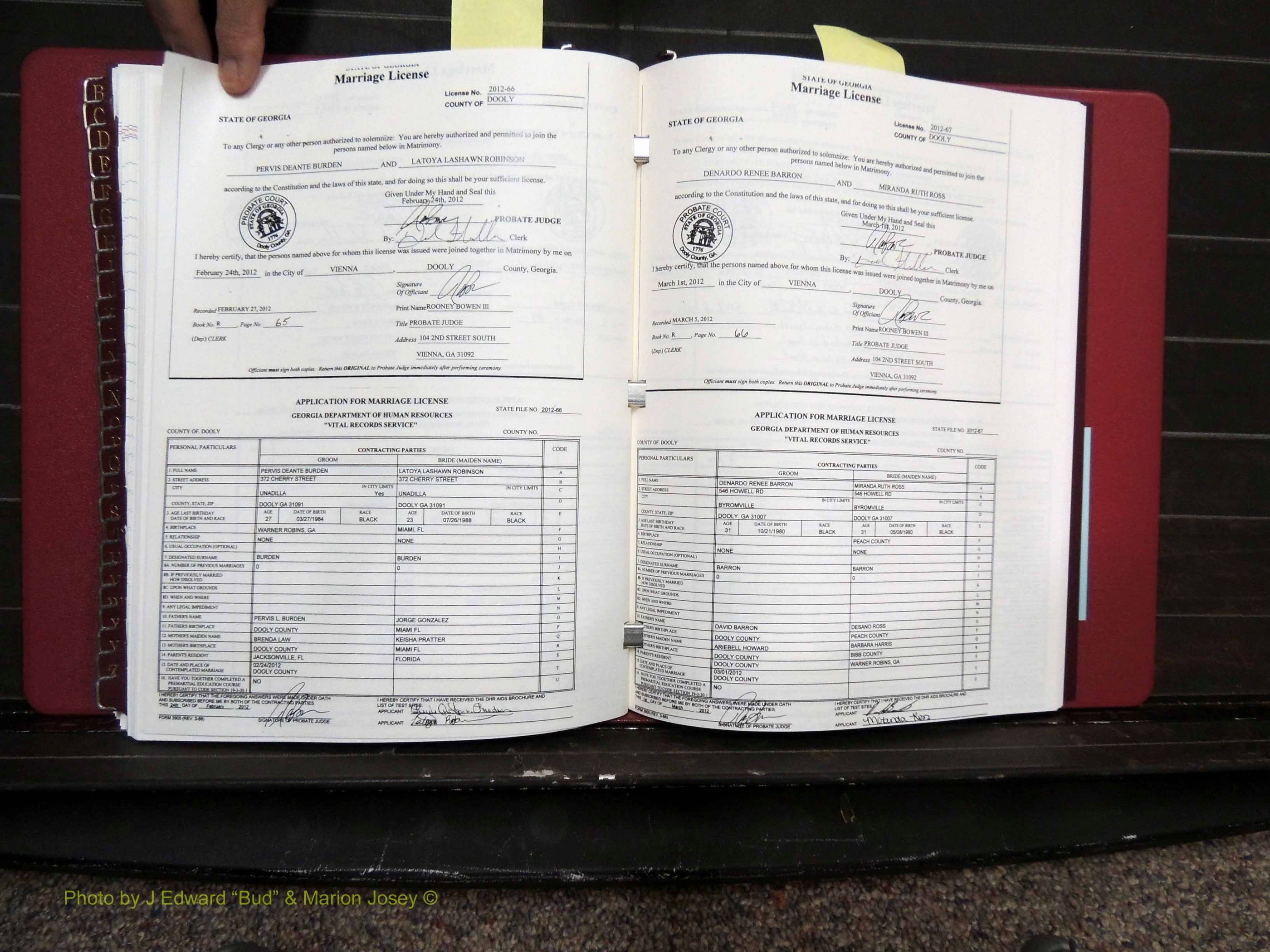 Dooly Co, GA, Marriages, Book, R, 2011-2012 pg 065-066.JPG