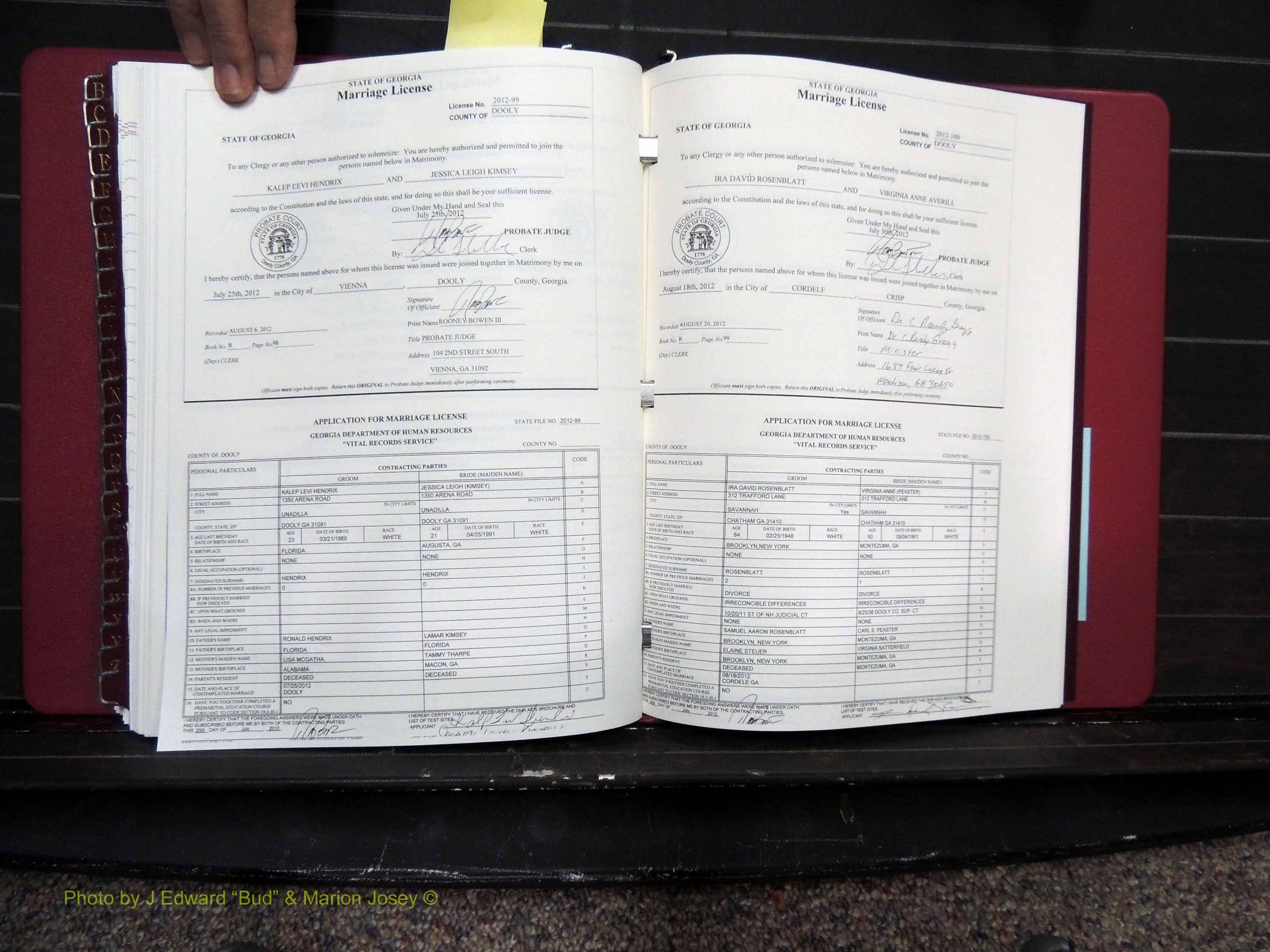 Dooly Co, GA, Marriages, Book, R, 2011-2012 pg 098-099.JPG
