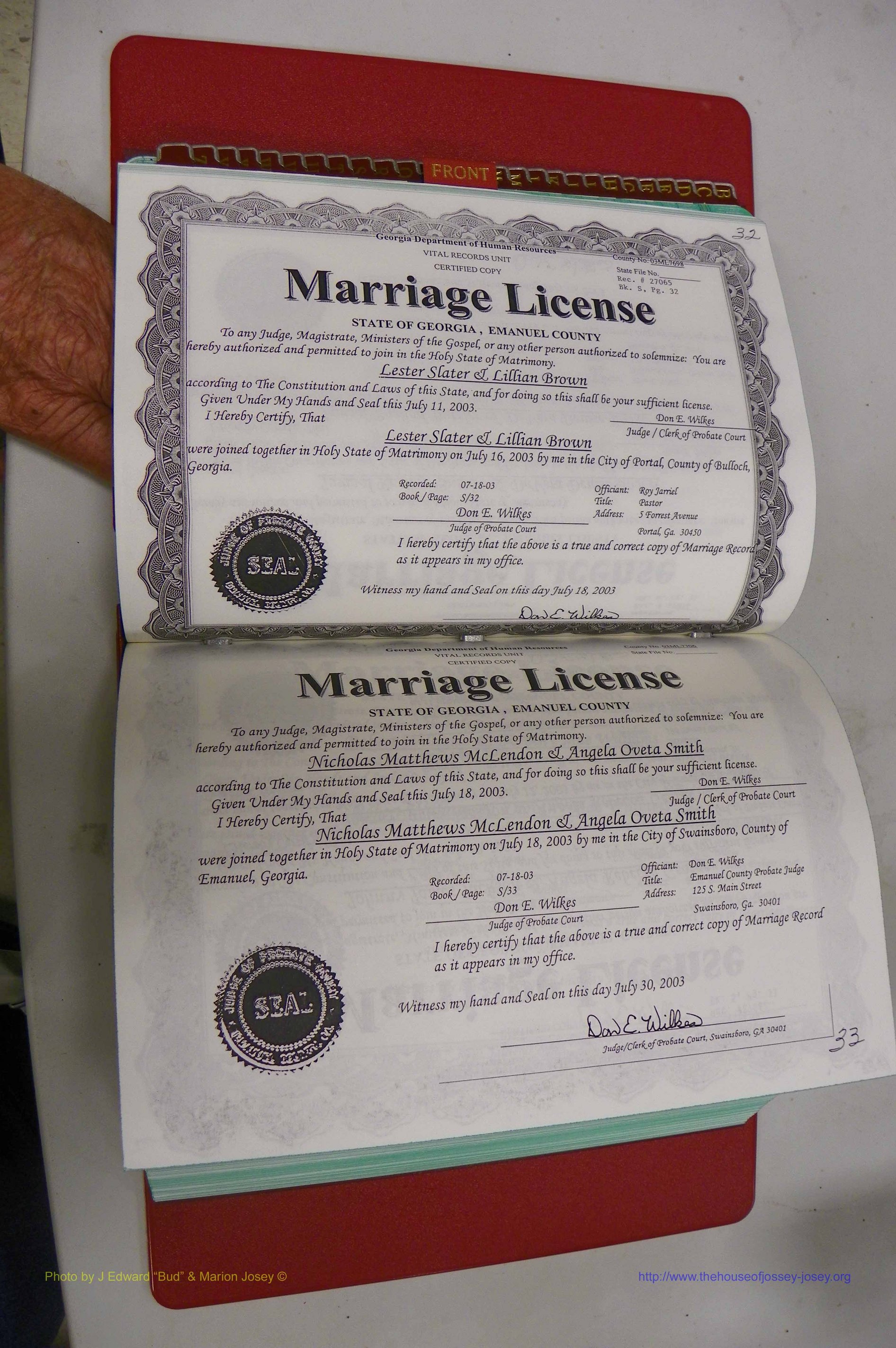 Emanuel Co, GA, Marriages Book S, 2003 - 2006, P 032-033.JPG