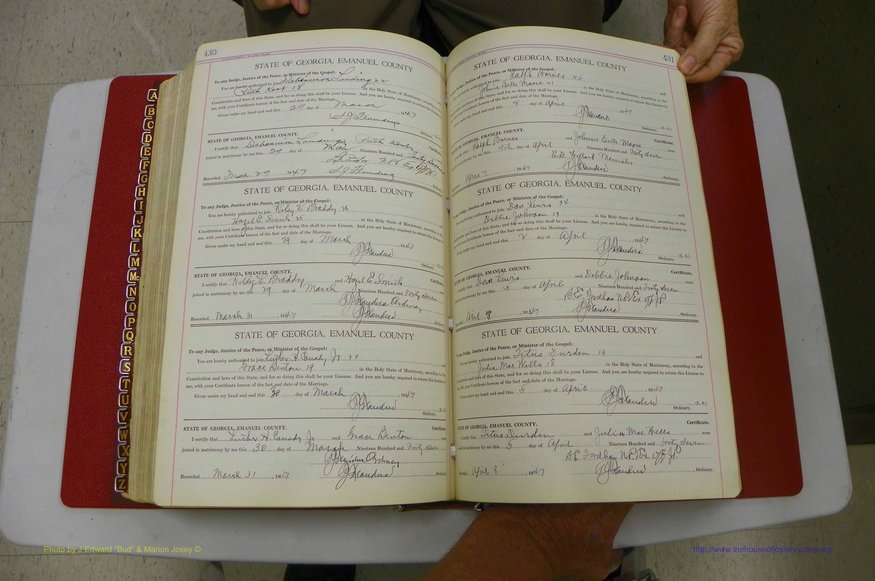 Emanuel Co, Ga, Marriages Book I, 1940 - 1949, White, P 430-431.JPG