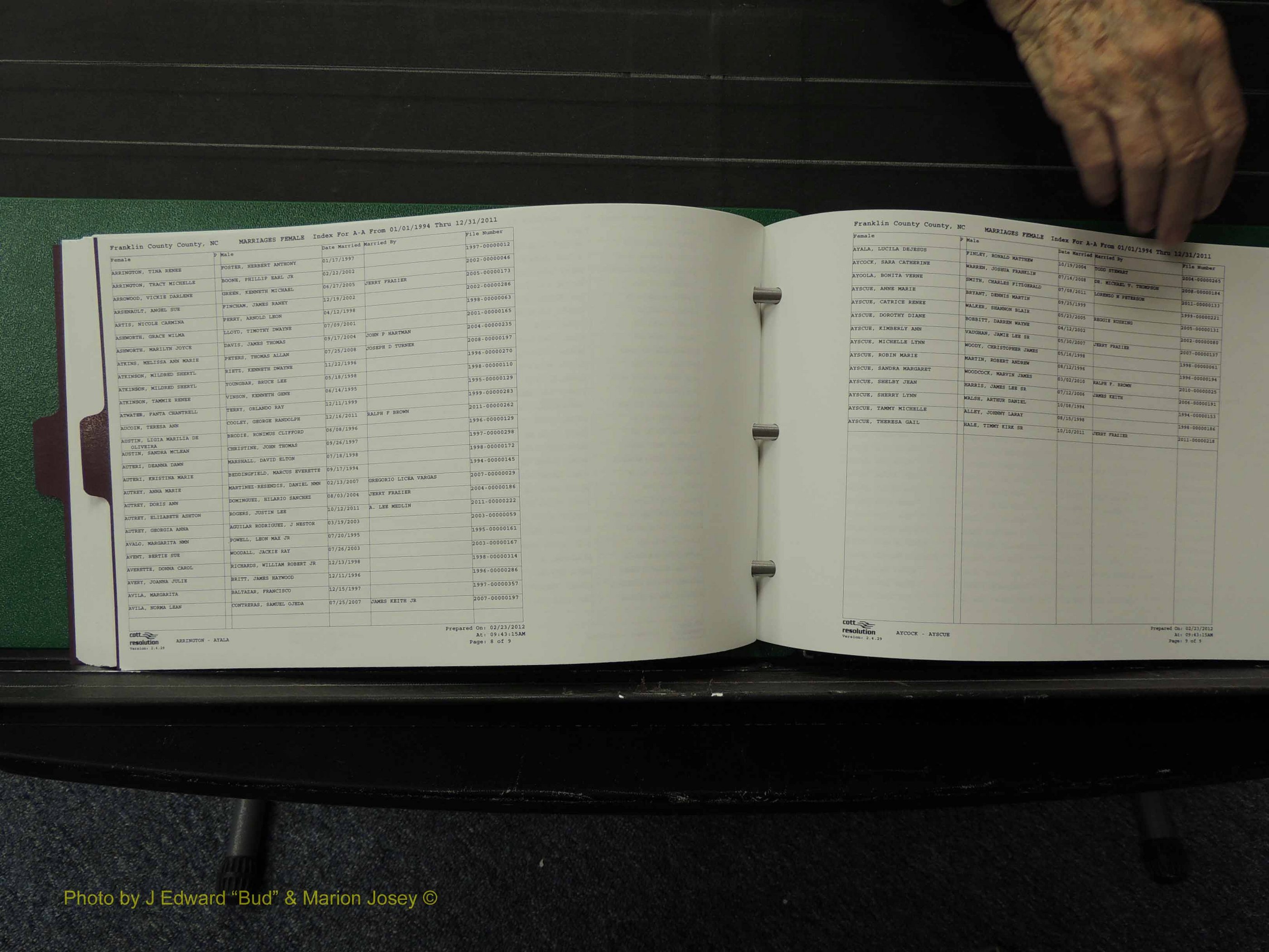 Franklin Co, NC, Marriages, Female Index, A-Z, 1994-2011 (106).JPG