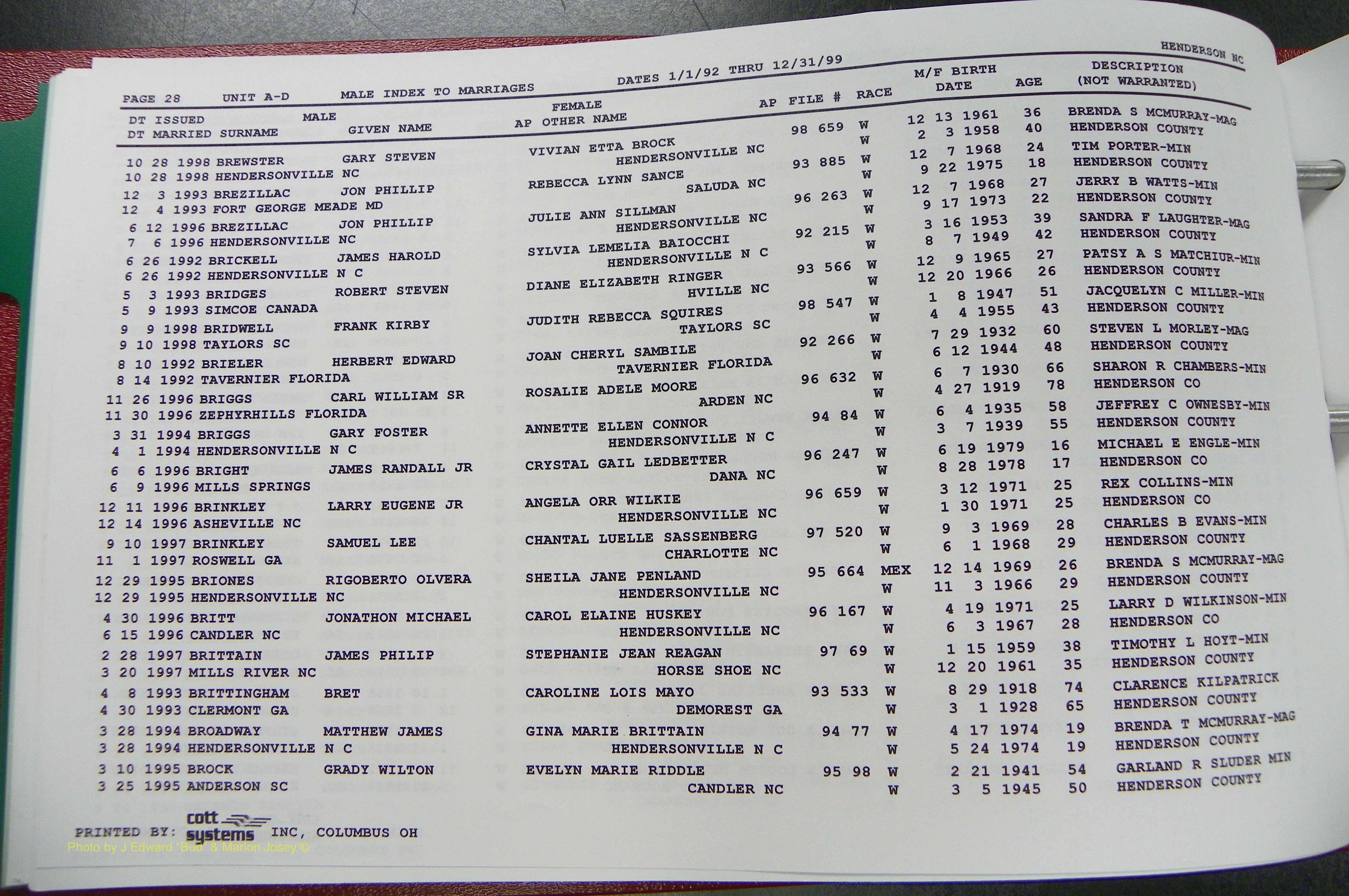 Henderson Co, NC, Marriages Male, A - Z, 1992 - 1999, (034).JPG