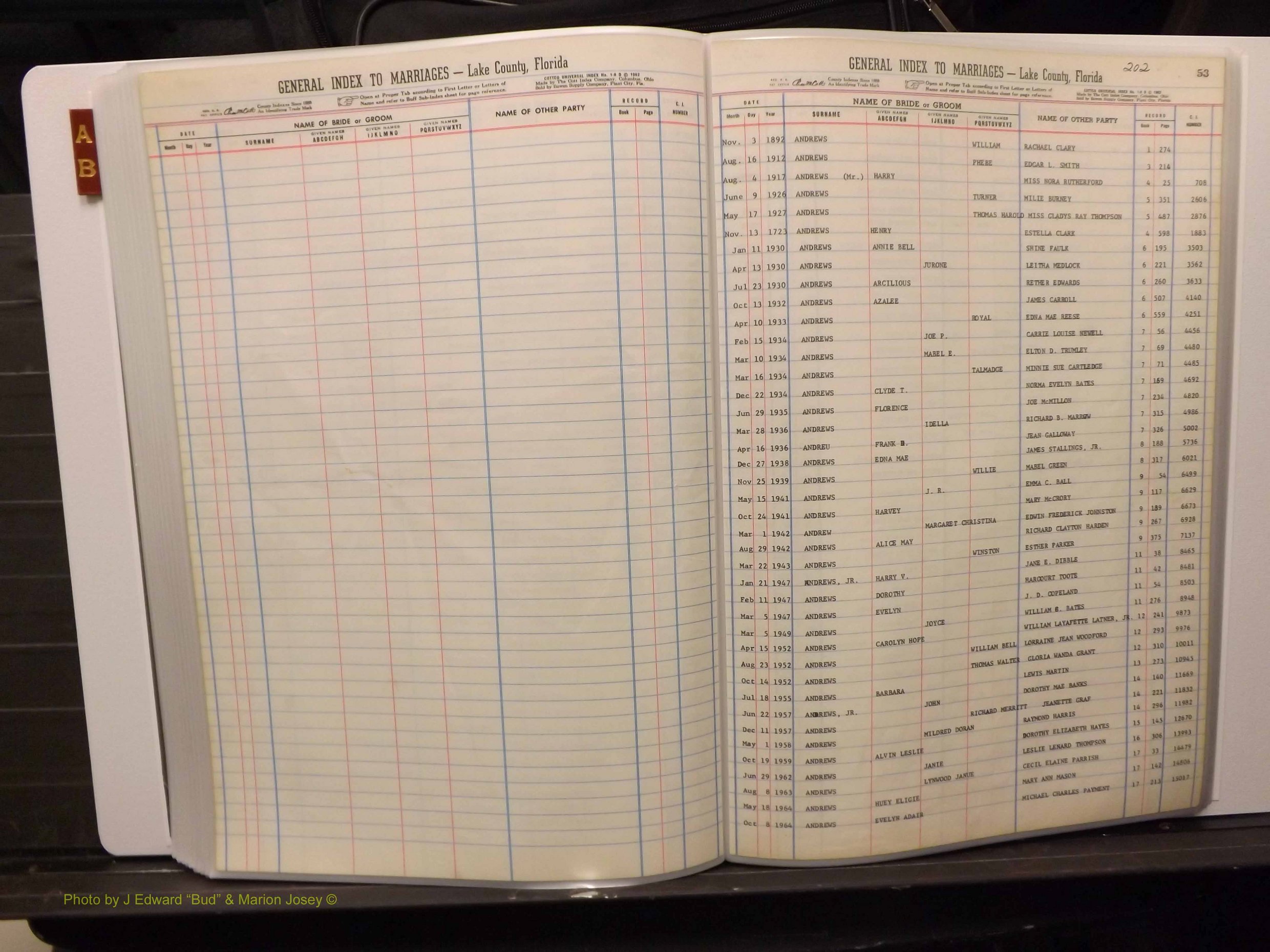 Lake Co, FL Marriage Index A-B, 1889-1986 (209).JPG