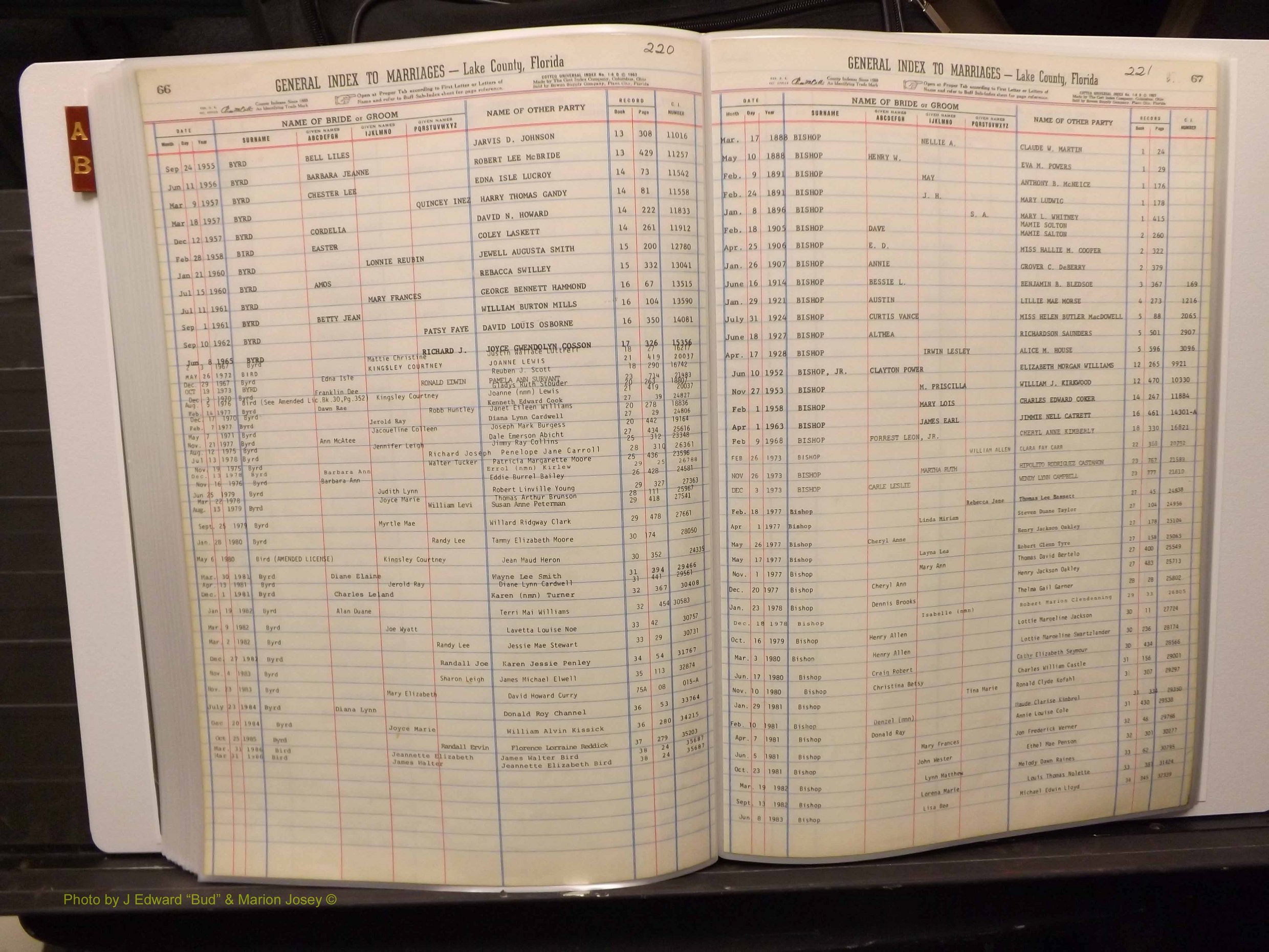 Lake Co, FL Marriage Index A-B, 1889-1986 (220).JPG