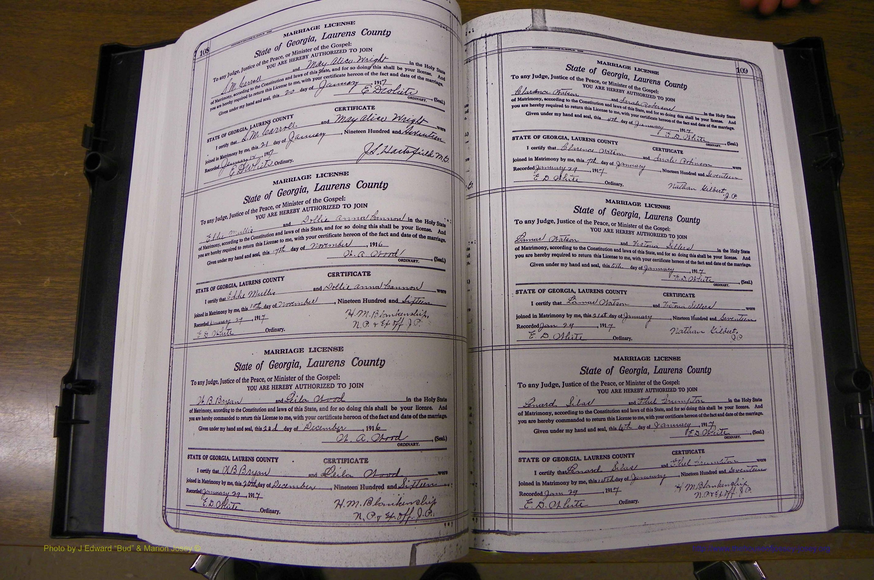 Laurens Co, GA, Marriages Book P, 1915 - 1924, White, P 108-109.JPG