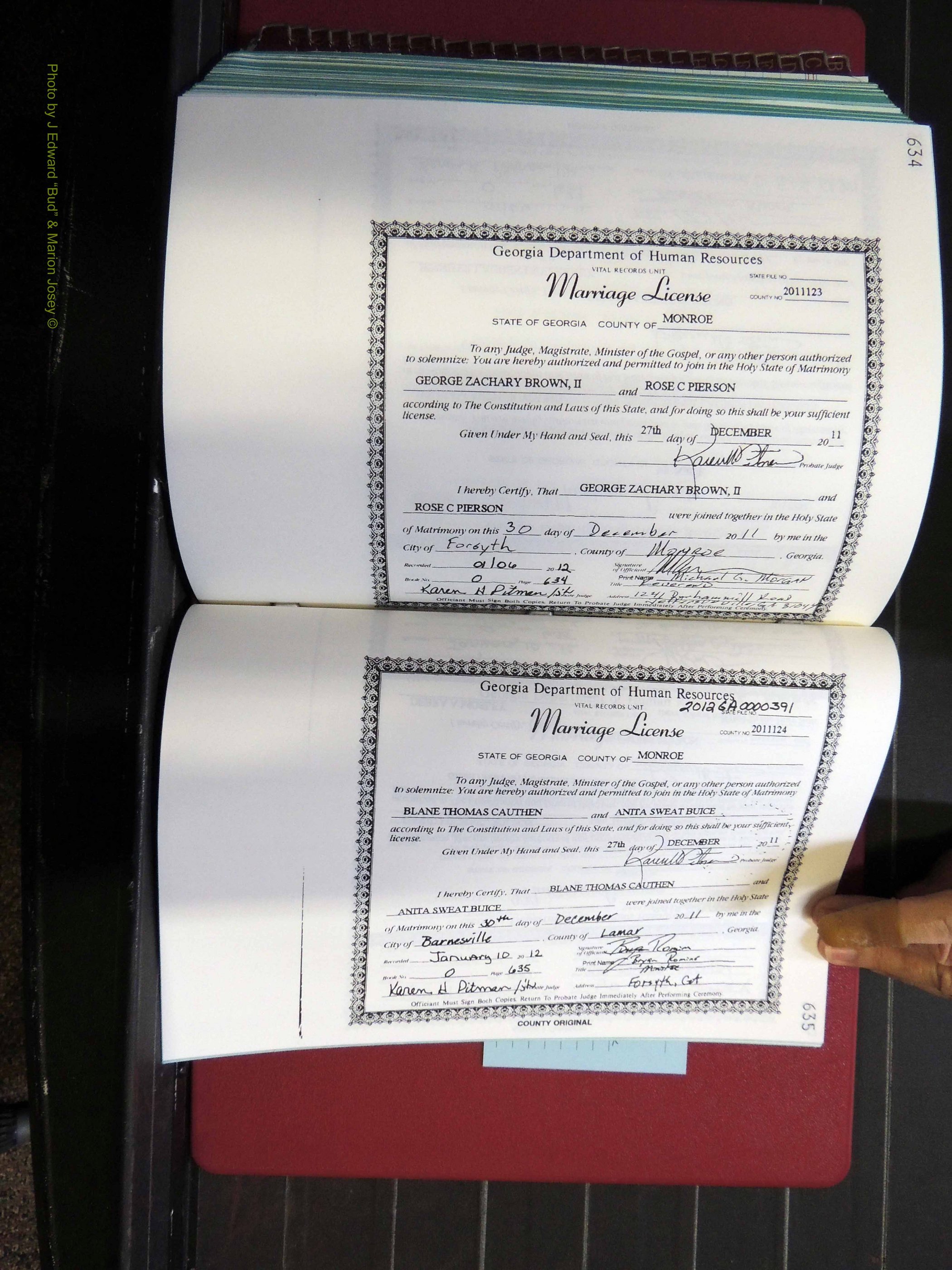 Monroe Co, GA, Marriages, Book, O, 2007-2012 pg 634-635.JPG