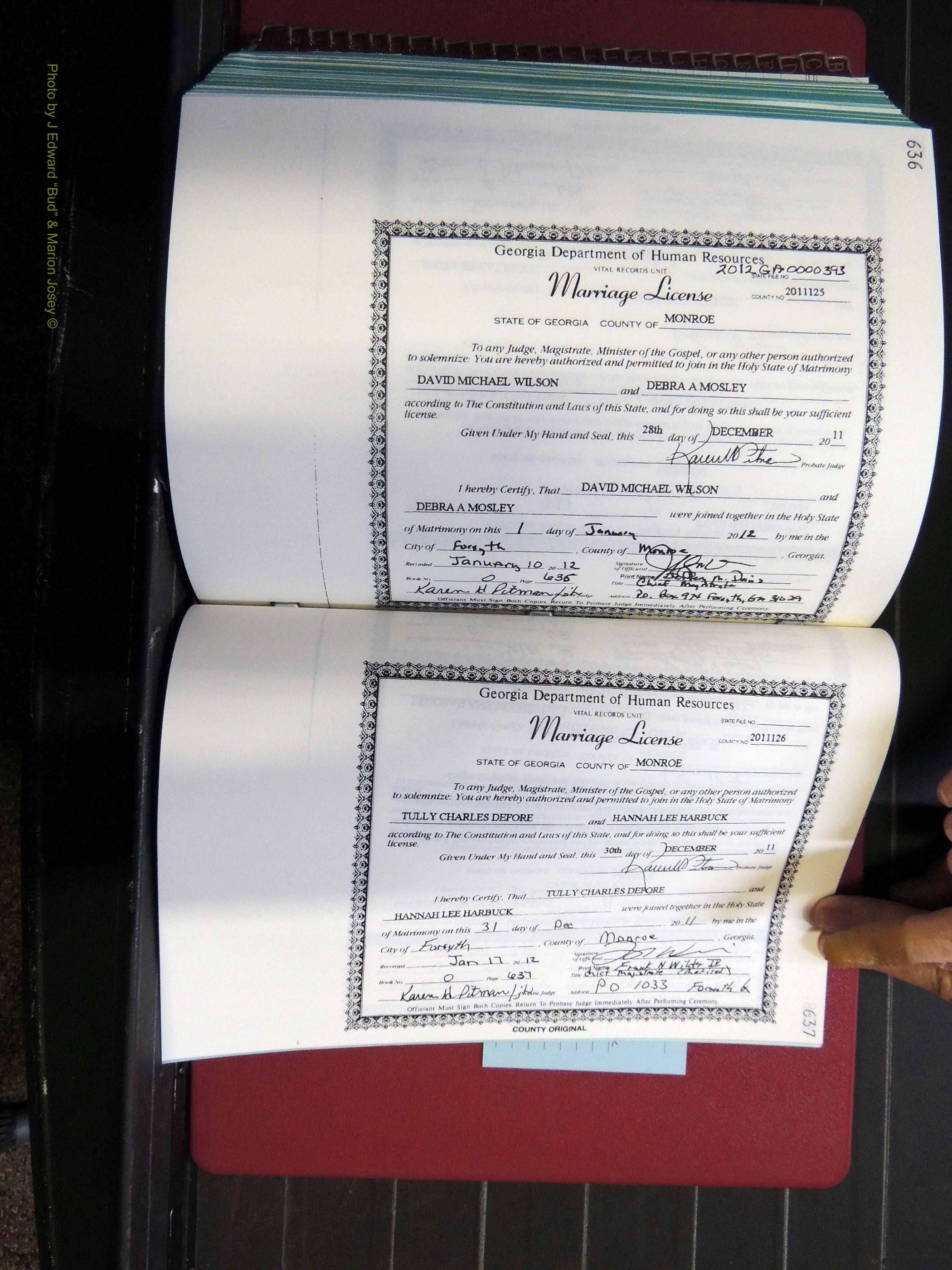 Monroe Co, GA, Marriages, Book, O, 2007-2012 pg 636-637.JPG