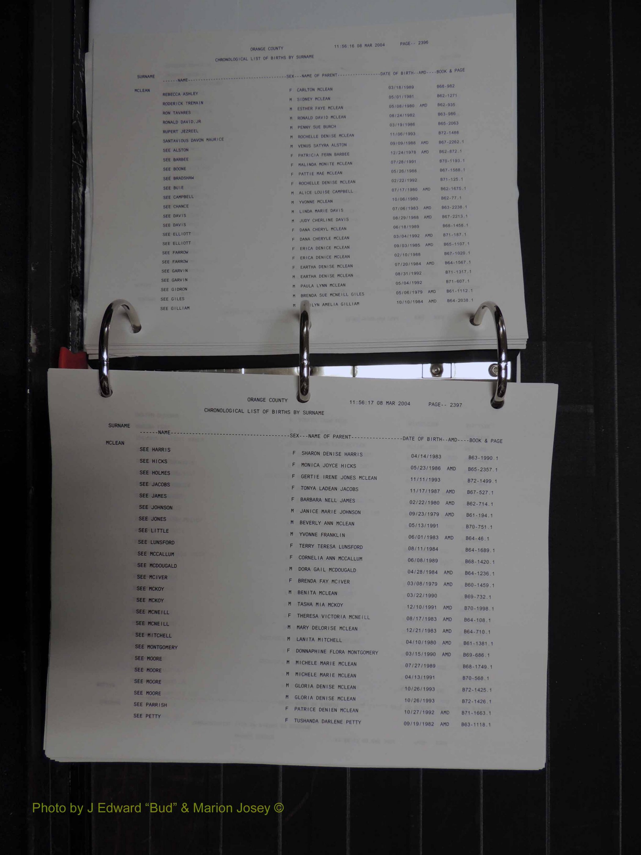 Orange Co, NC, Birth Index, M-Z (133).JPG