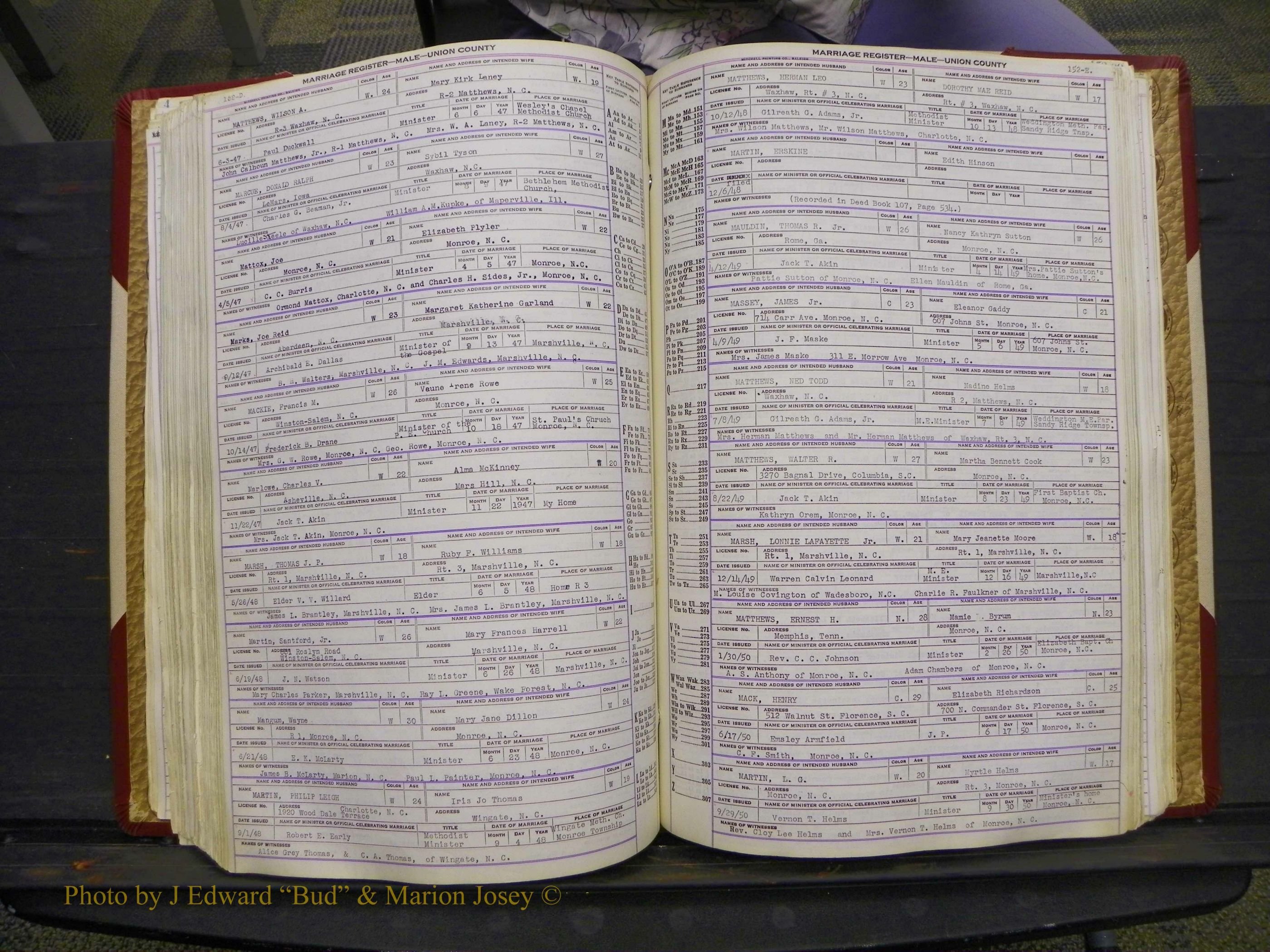 Union Co, NC Marriage Book 10, A-Z, 1937-1965 (198).JPG