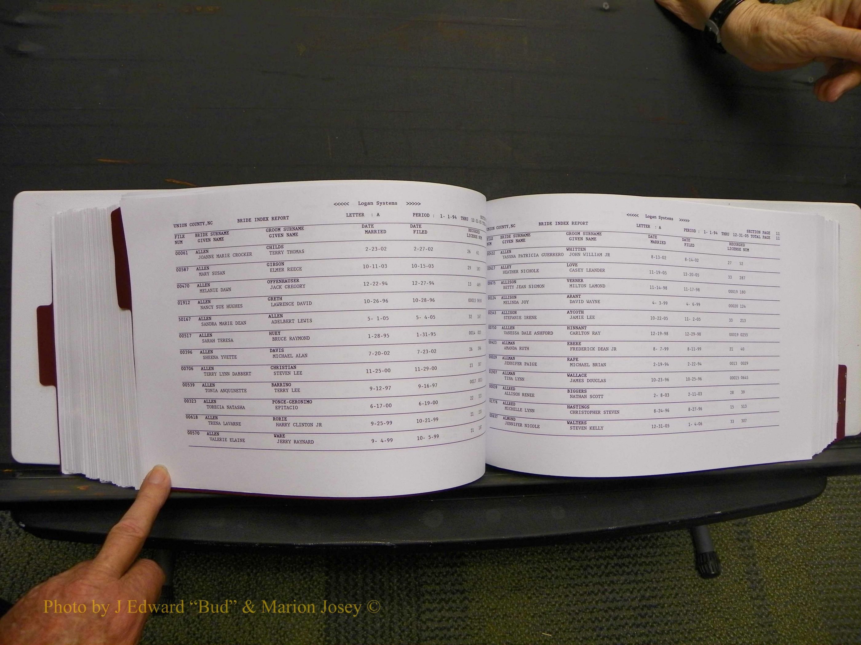 Union Co, NC Marriages Male & Female Index, 1993-2005 (392).JPG