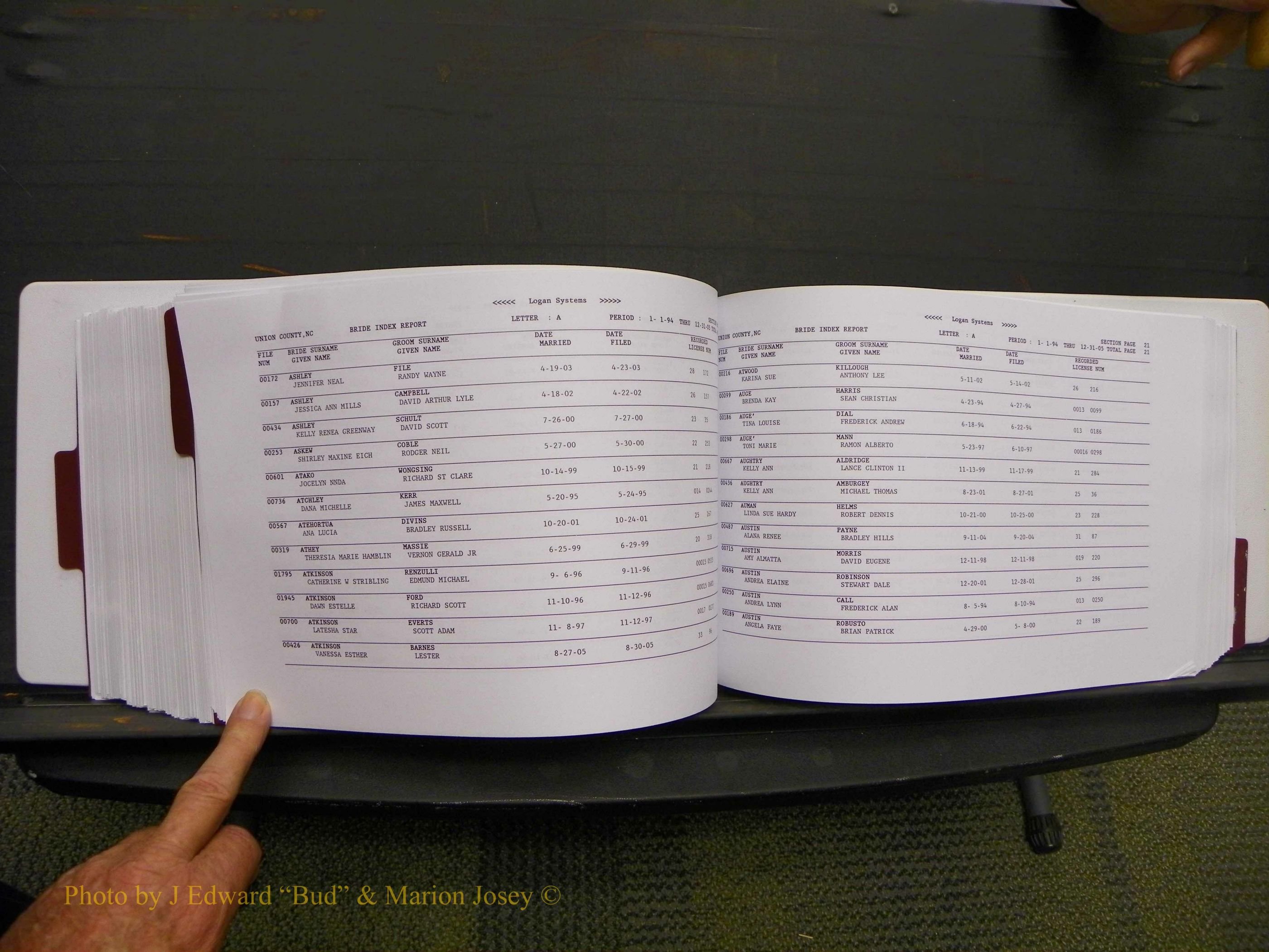 Union Co, NC Marriages Male & Female Index, 1993-2005 (398).JPG