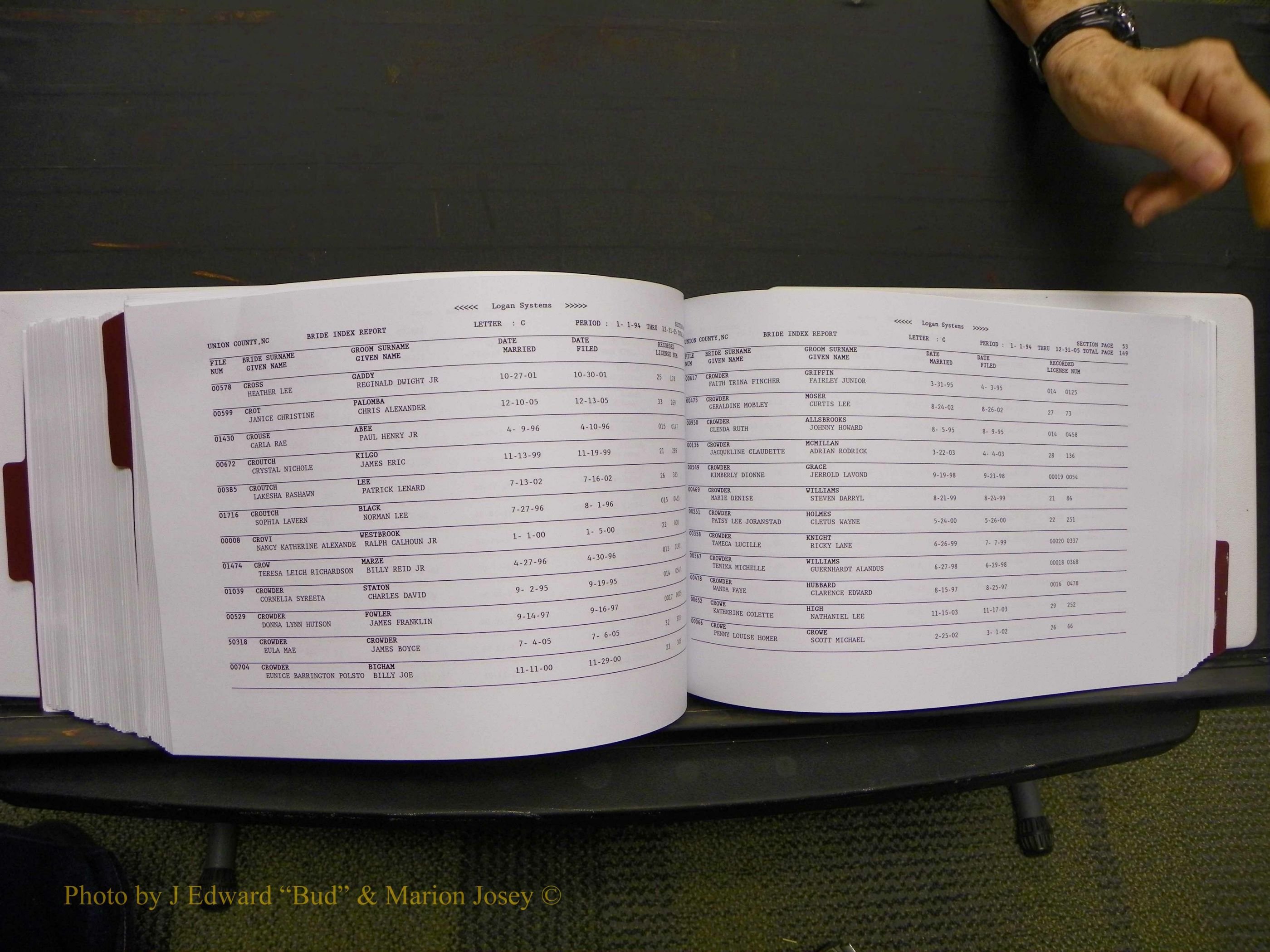 Union Co, NC Marriages Male & Female Index, 1993-2005 (462).JPG