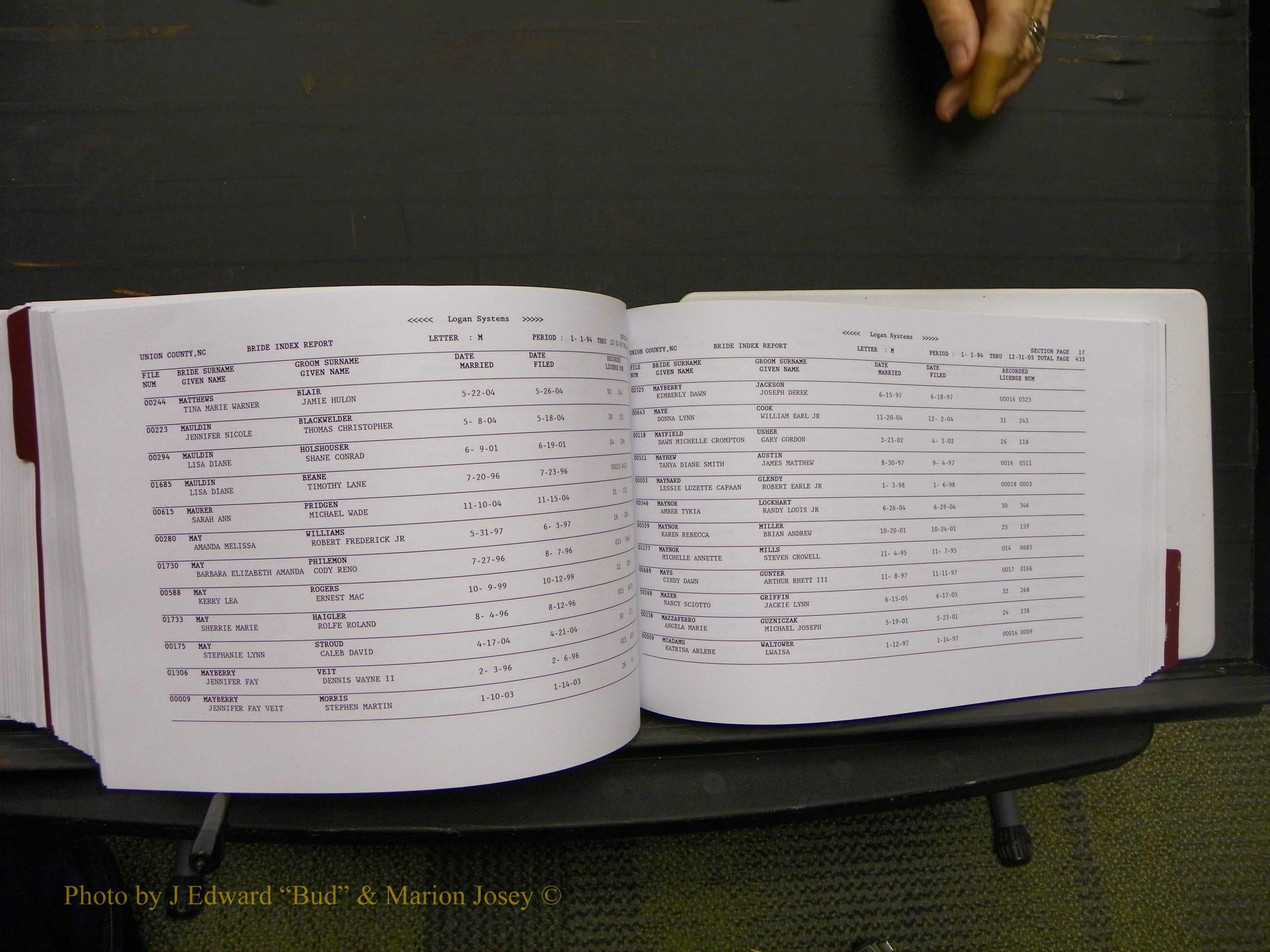 Union Co, NC Marriages Male & Female Index, 1993-2005 (603).JPG
