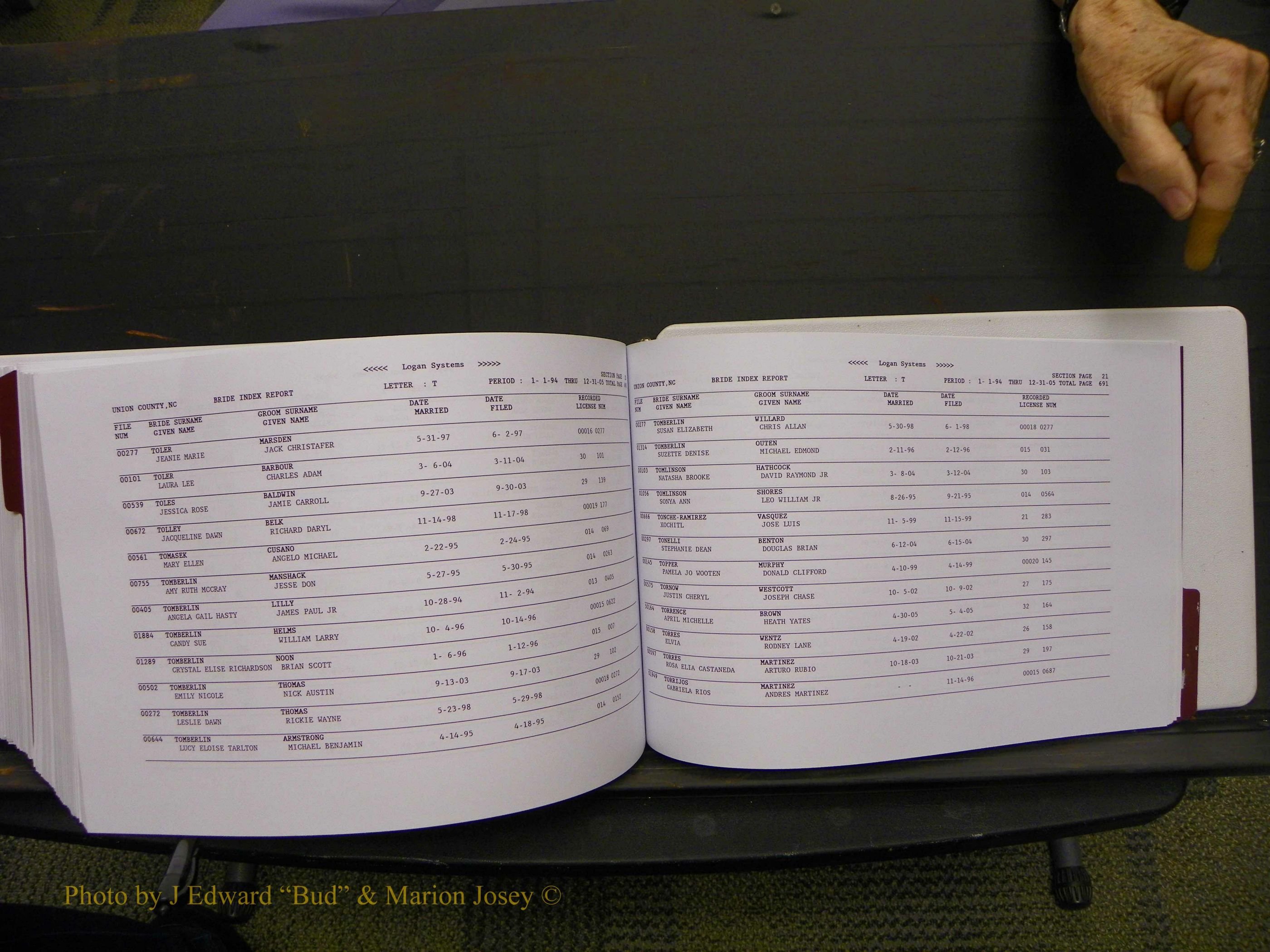 Union Co, NC Marriages Male & Female Index, 1993-2005 (736).JPG