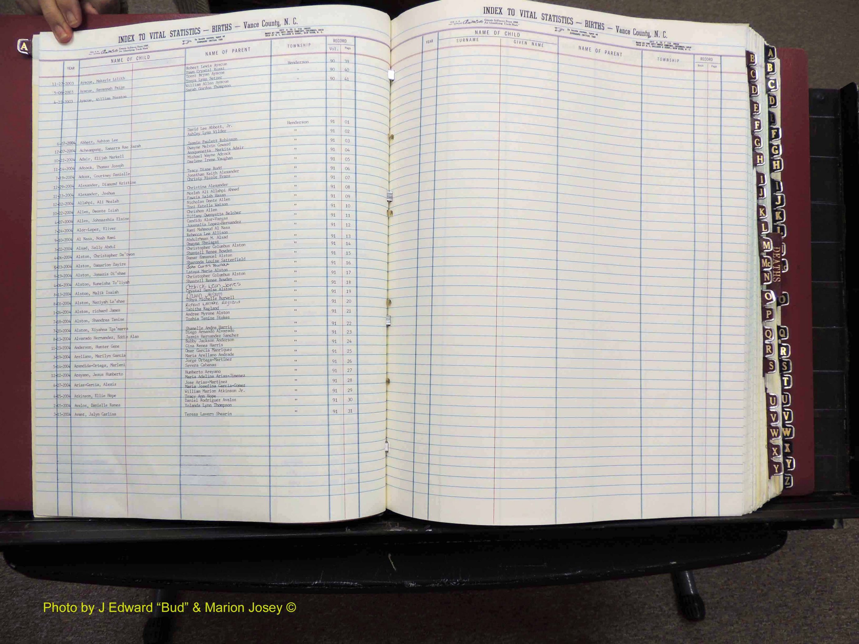 Vance Co, NC,  Births & Deaths, A-Z, 2001-2004 (103).JPG