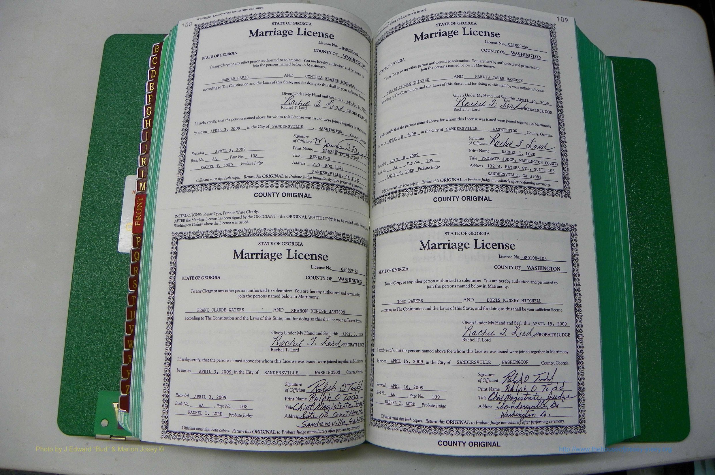 Was GA, Marriages Book AA, 2007 - 2009, P 108-109.JPG