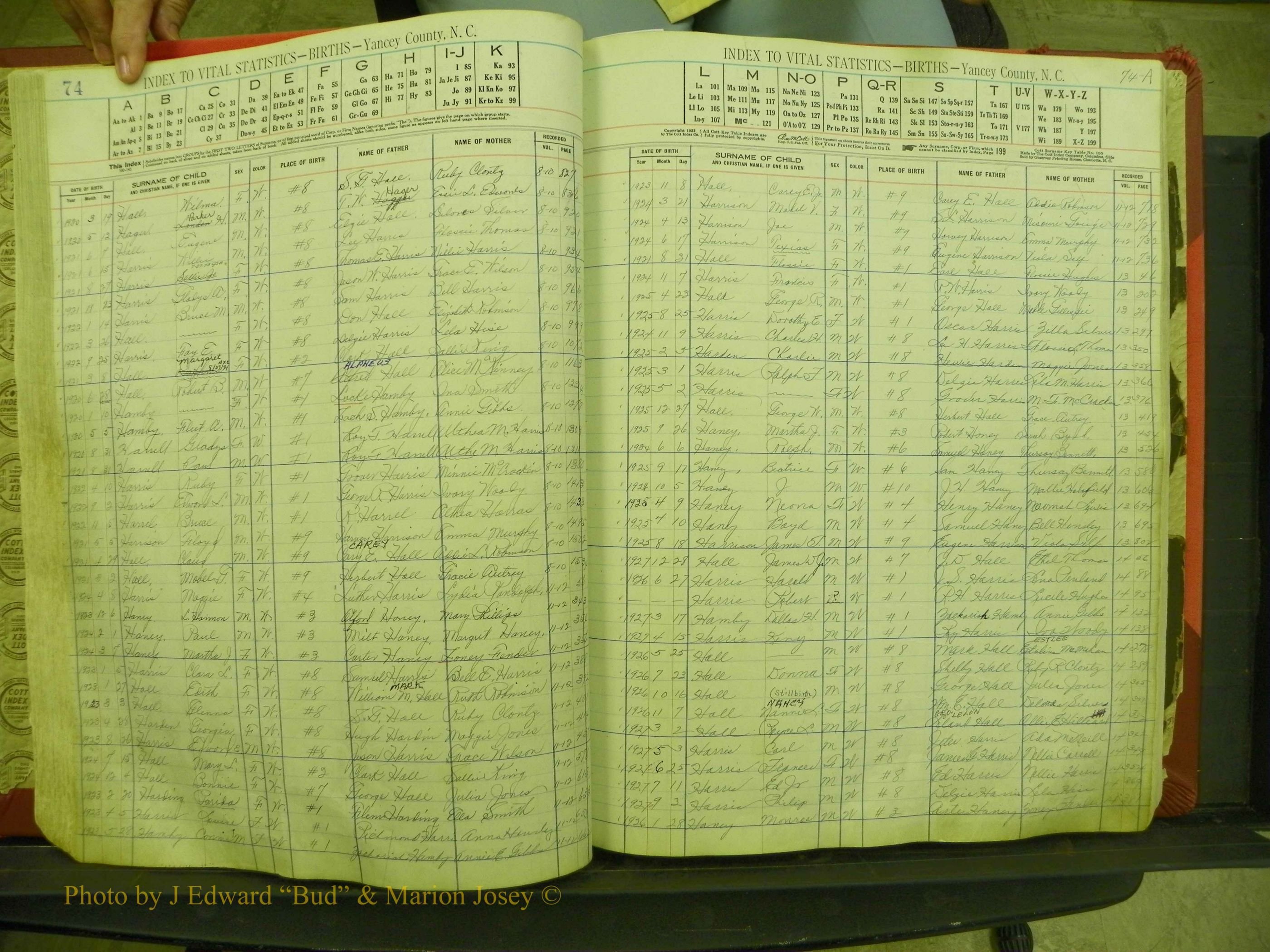 Yancey Births, 1913-1939, Index H, 74-74a.JPG