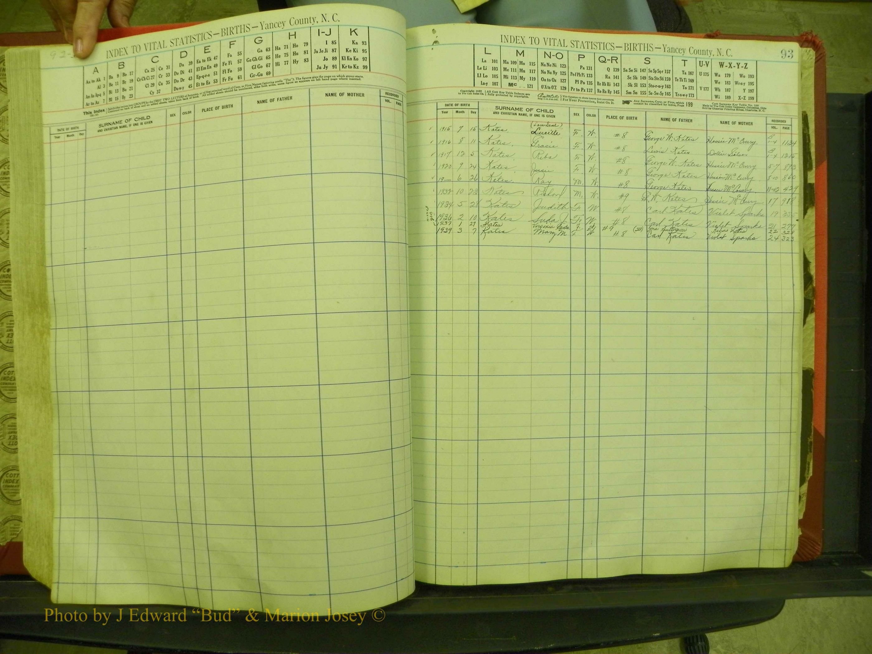 Yancey Births, 1913-1939, Index K, 93.JPG