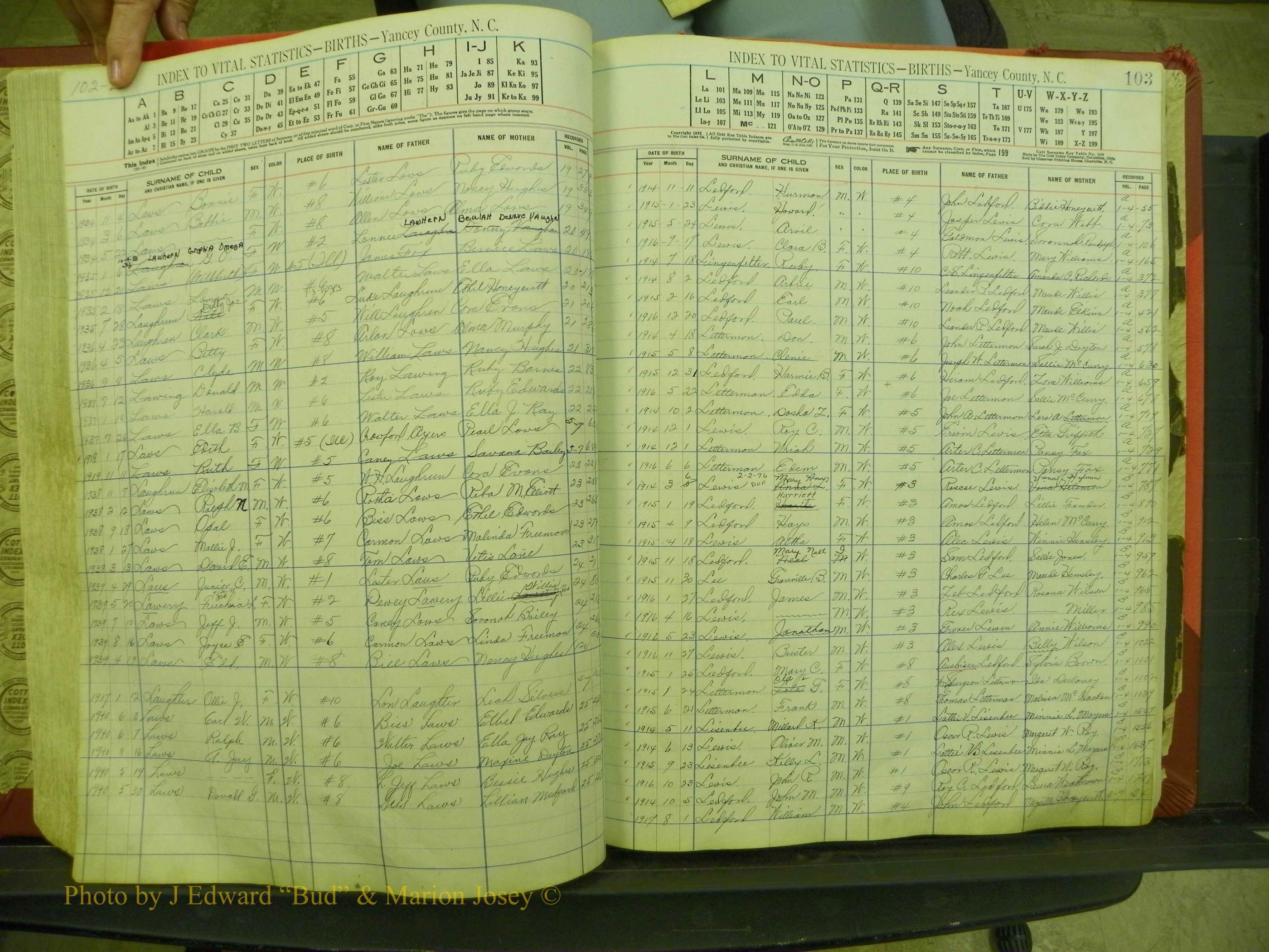 Yancey Births, 1913-1939, Index L, 102b-103.JPG