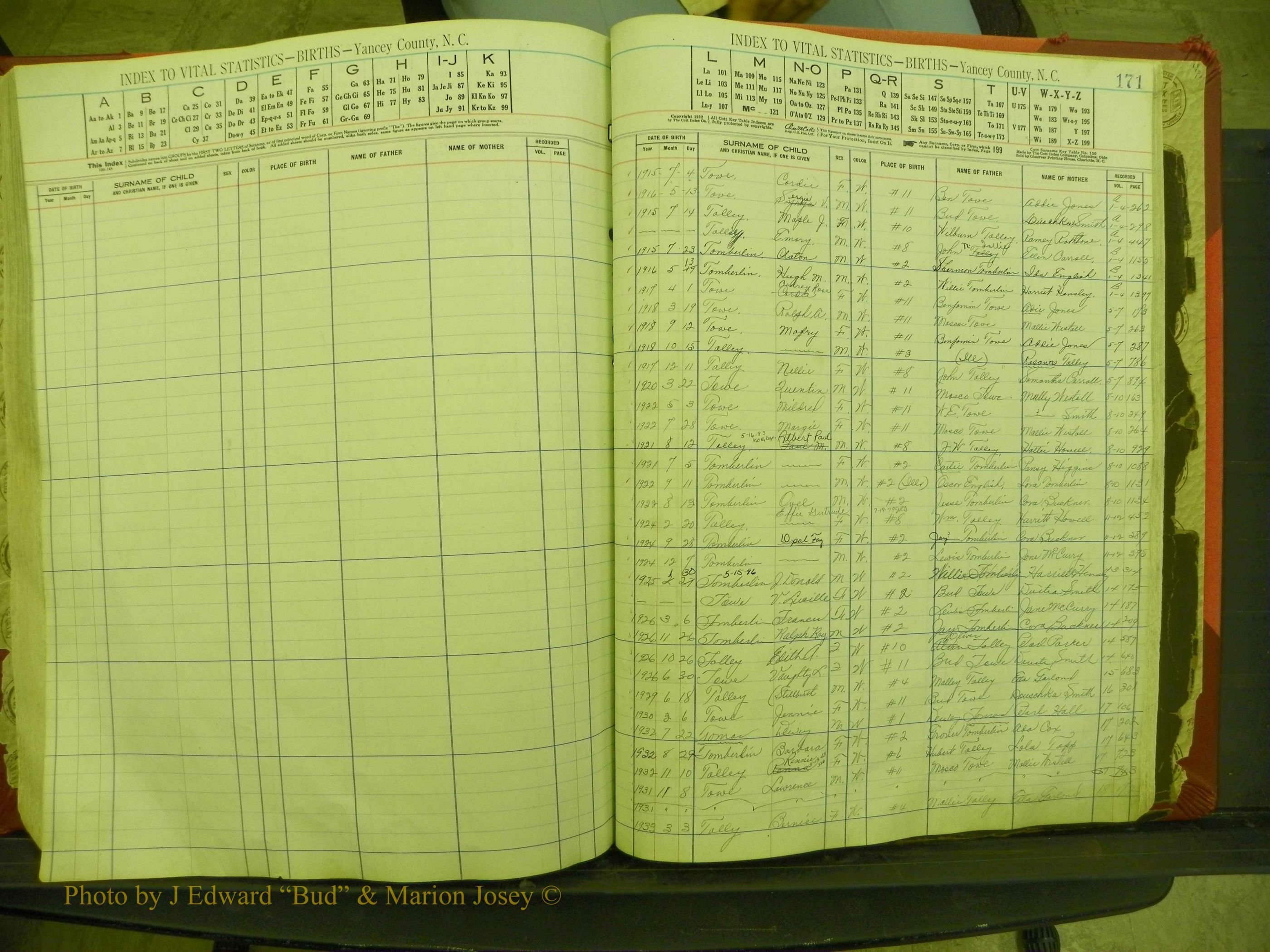 Yancey Births, 1913-1939, Index T, 171.JPG