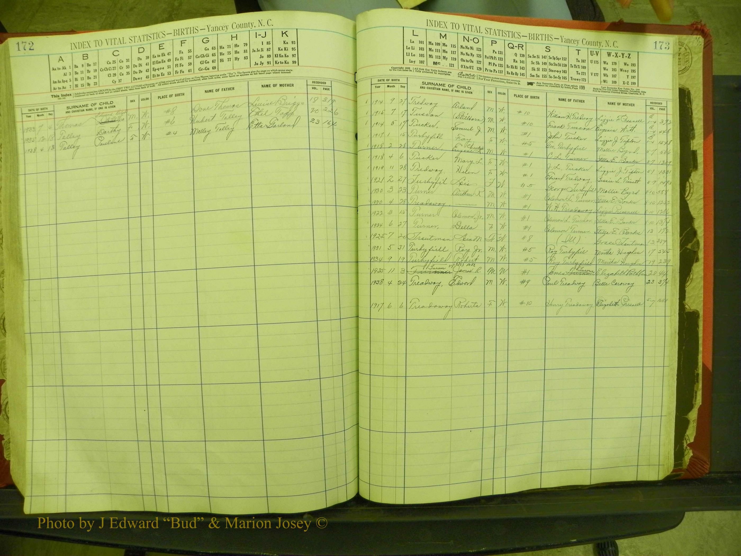 Yancey Births, 1913-1939, Index T, 172-173.JPG